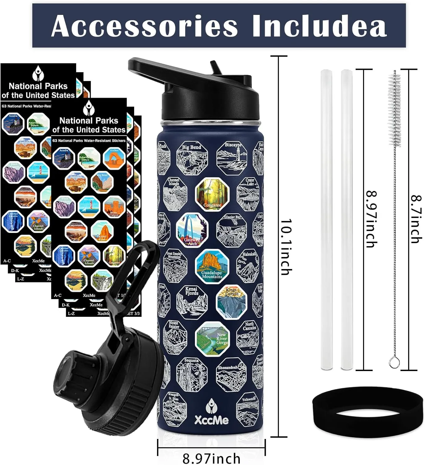 63 National Parks Water Bottle with Stickers,22 oz Stainless Steel Water Bottles,Double Wall Insulated Bottle with Straw,2 Lids,Waterproof Stickers,Leak Proof Sports bottle for Travel