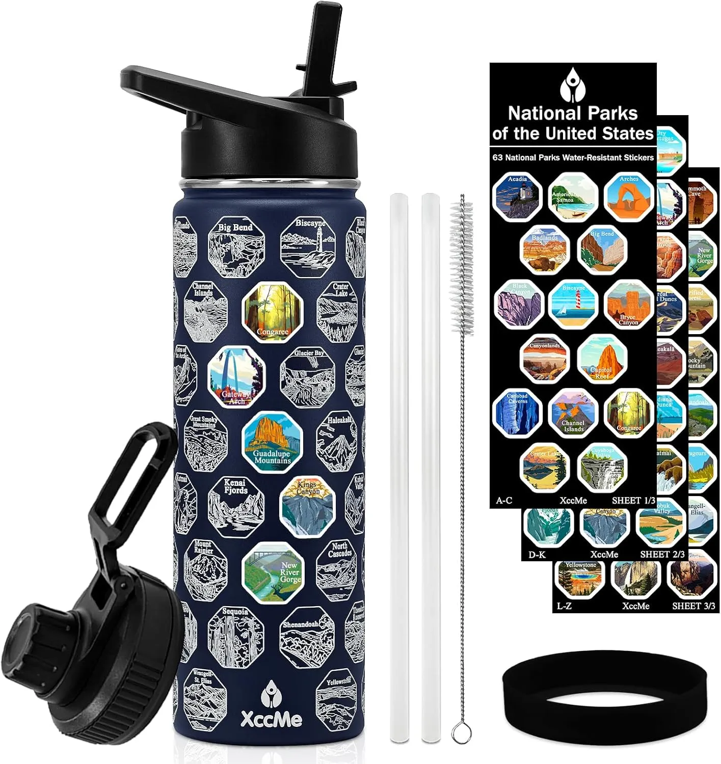 63 National Parks Water Bottle with Stickers,22 oz Stainless Steel Water Bottles,Double Wall Insulated Bottle with Straw,2 Lids,Waterproof Stickers,Leak Proof Sports bottle for Travel