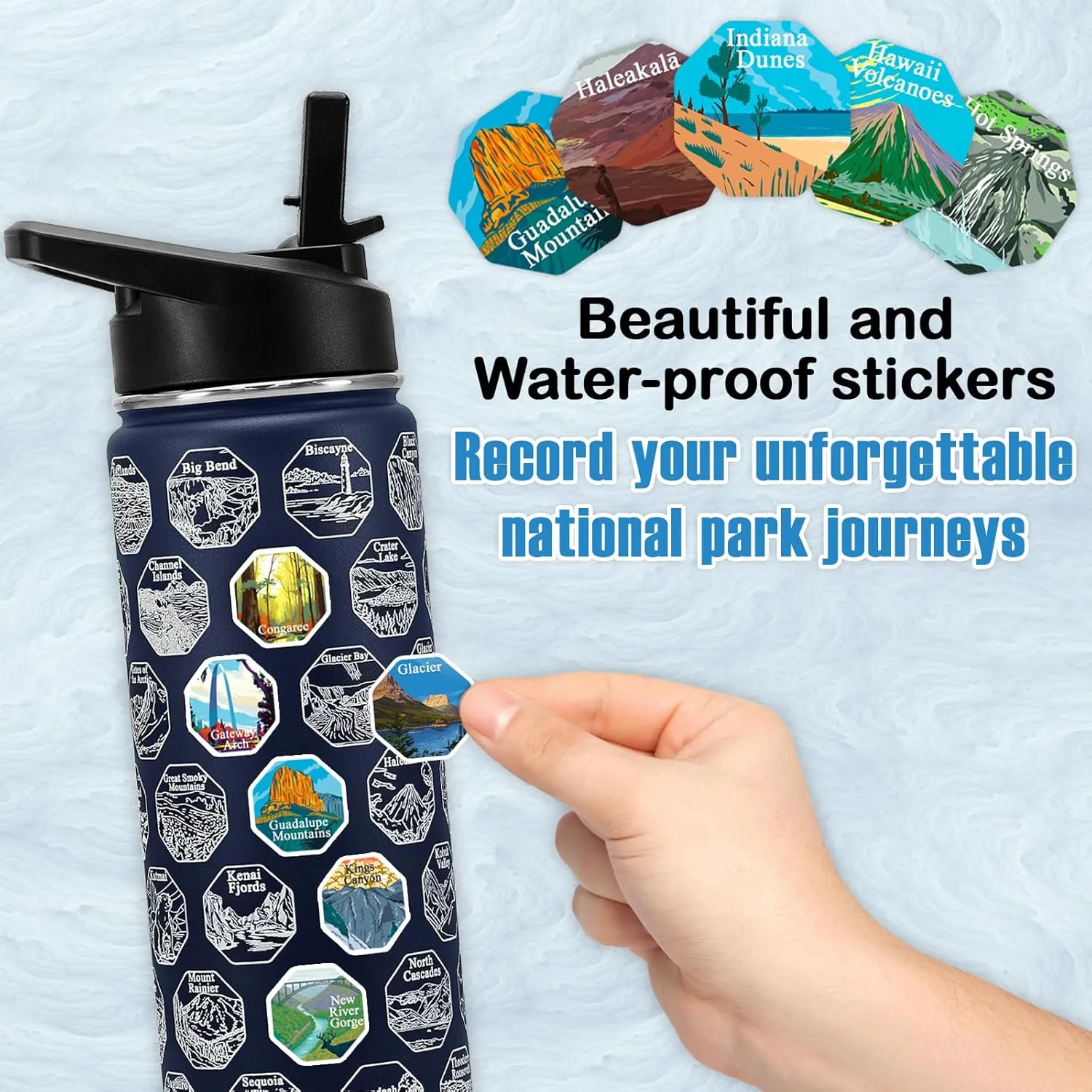 63 National Parks Water Bottle with Stickers,22 oz Stainless Steel Water Bottles,Double Wall Insulated Bottle with Straw,2 Lids,Waterproof Stickers,Leak Proof Sports bottle for Travel