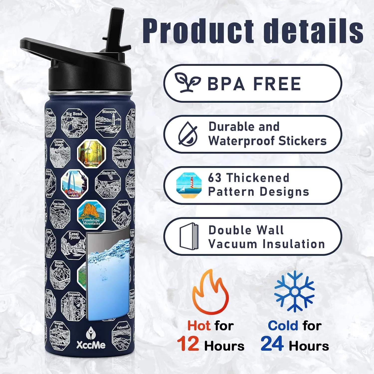 63 National Parks Water Bottle with Stickers,22 oz Stainless Steel Water Bottles,Double Wall Insulated Bottle with Straw,2 Lids,Waterproof Stickers,Leak Proof Sports bottle for Travel