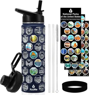 63 National Parks Water Bottle with Stickers,22 oz Stainless Steel Water Bottles,Double Wall Insulated Bottle with Straw,2 Lids,Waterproof Stickers,Leak Proof Sports bottle for Travel