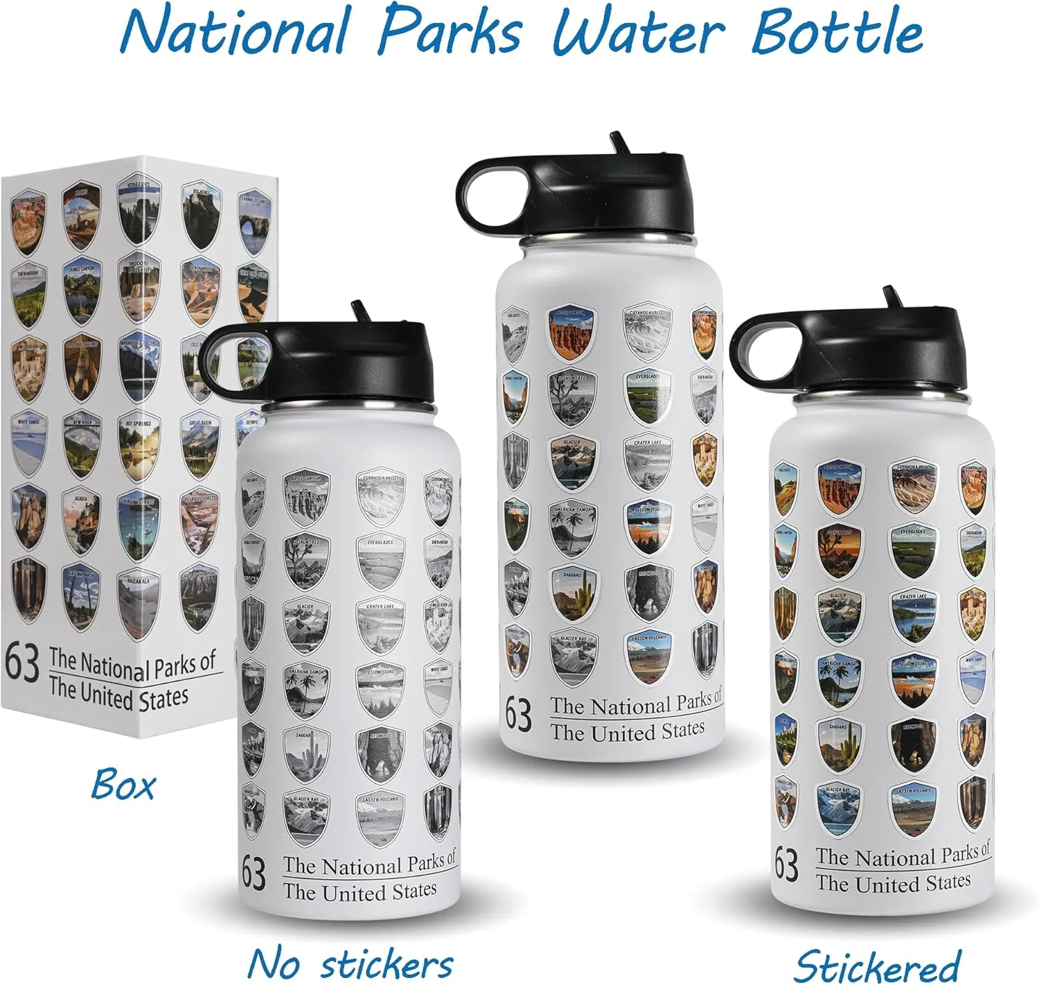 63 National Parks Water Bottle with Stickers,3D Printed,32 oz Travel Insulated Bottles with Straw, Stainless Steel,Double Stickers,Father's Day Gifts