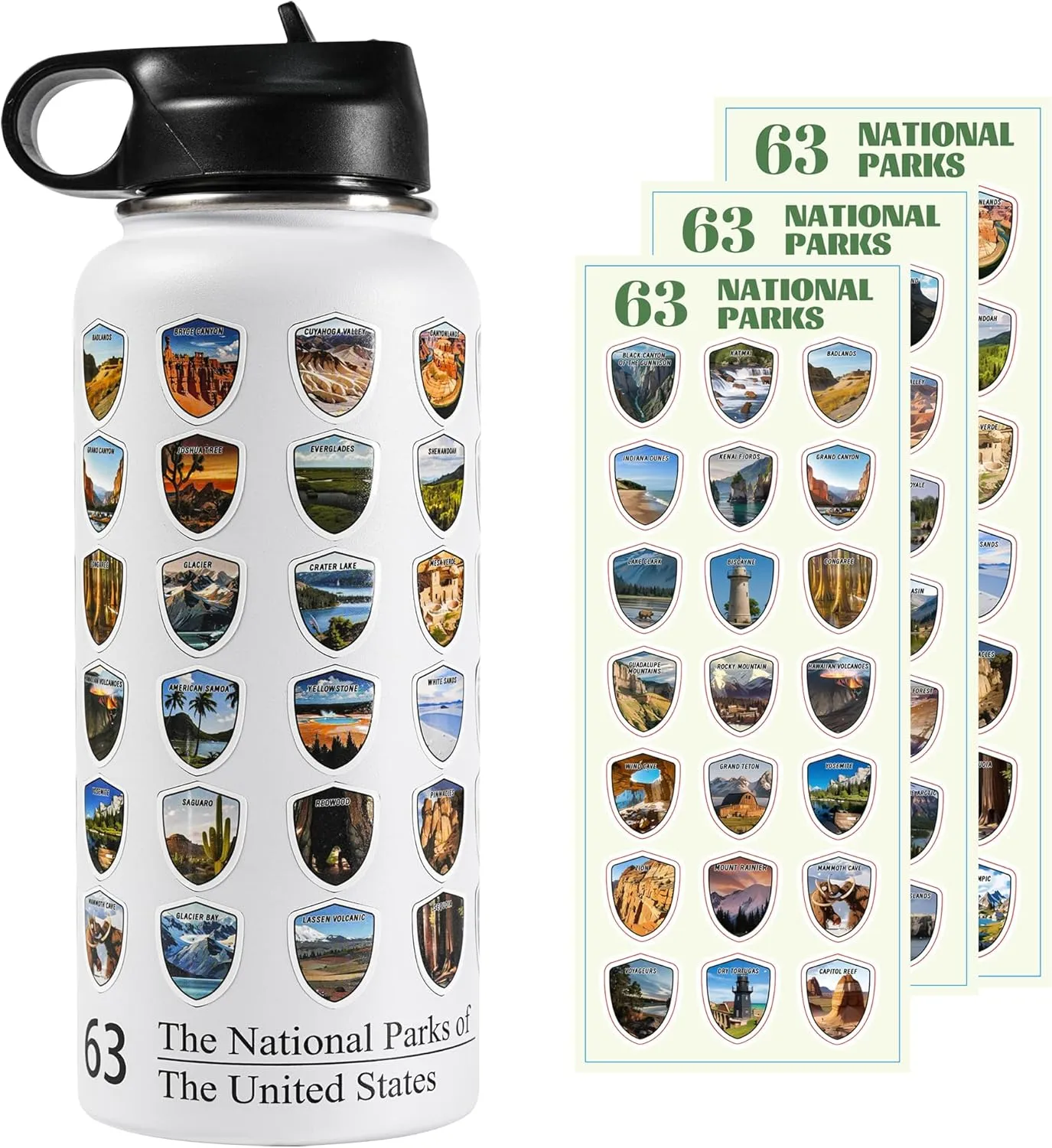 63 National Parks Water Bottle with Stickers,3D Printed,32 oz Travel Insulated Bottles with Straw, Stainless Steel,Double Stickers,Father's Day Gifts