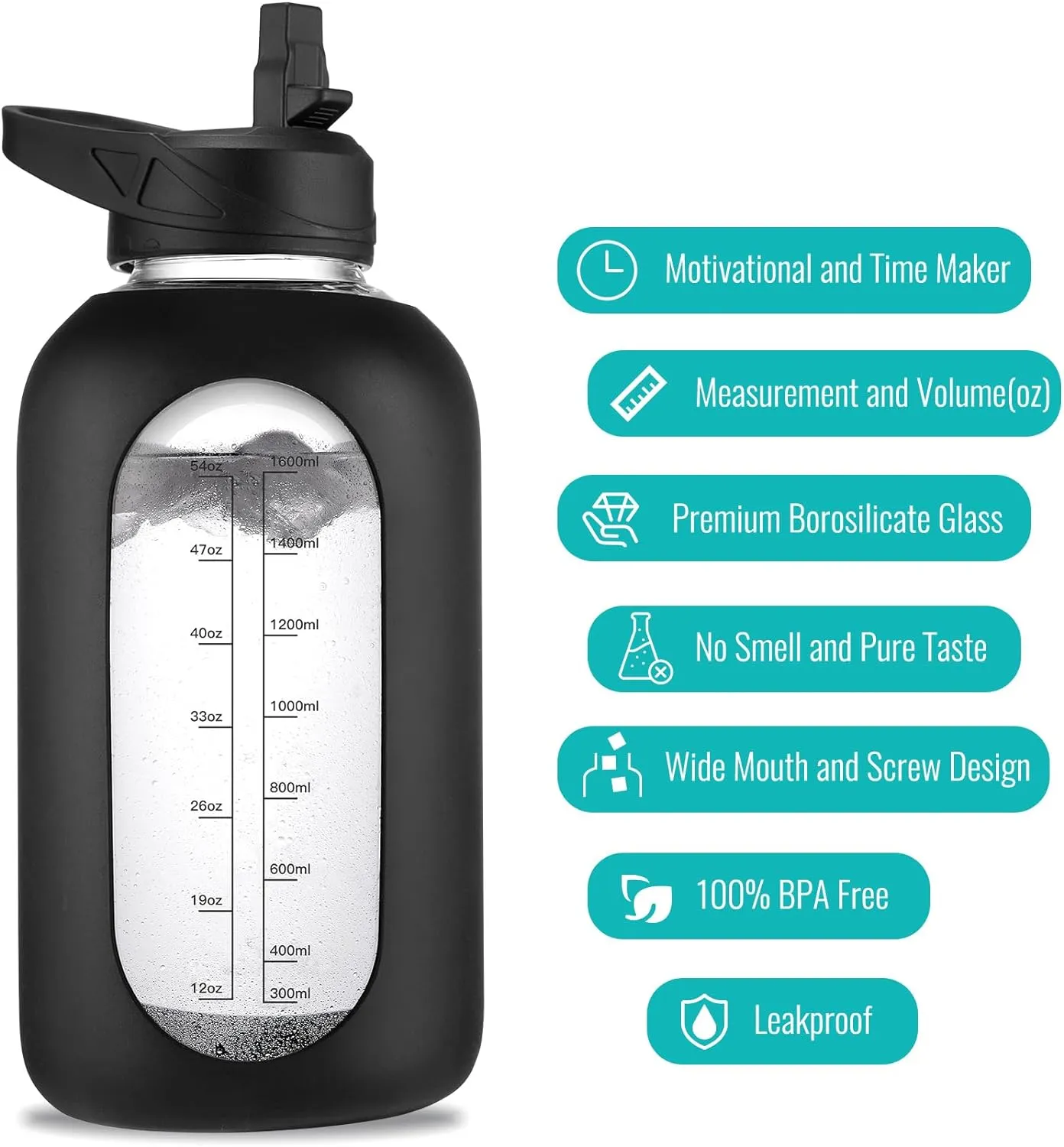 64 oz Glass Water Bottle With Straw and Handle, Half Gallon Sports Motivational Water Jug Flask with Silicone Sleeve, Large Water Cup with Time Marker for Travel, Gym, Cream