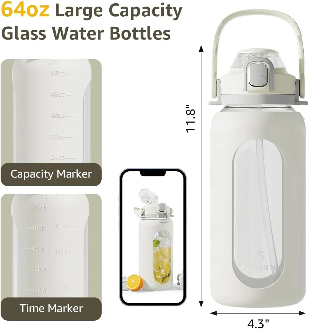 64 Oz Glass Water Bottles with Straw Lid and Handle, Half Gallon Water Bottle Glass with Silicone Sleeve and Strap, Motivational Glass Bottle with Time Marker, Reusable Sport Water Jug (White)