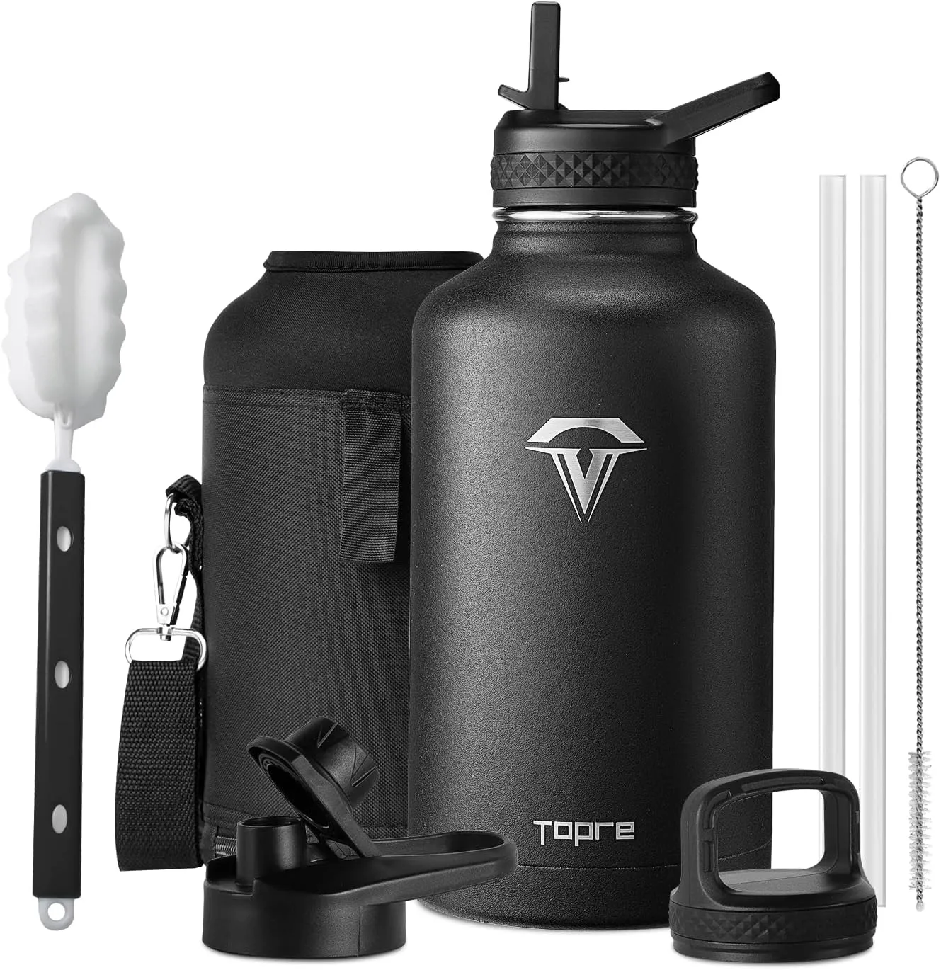 64 oz Insulated Water Bottle, Half Gallon Vacuum Stainless Steel Sports Water Jug with 3 Lids & Brush, BPA-free Reusable Double Walled Mug Gym Keg for Sports Outdoor Camping, Black