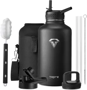 64 oz Insulated Water Bottle, Half Gallon Vacuum Stainless Steel Sports Water Jug with 3 Lids & Brush, BPA-free Reusable Double Walled Mug Gym Keg for Sports Outdoor Camping, Black