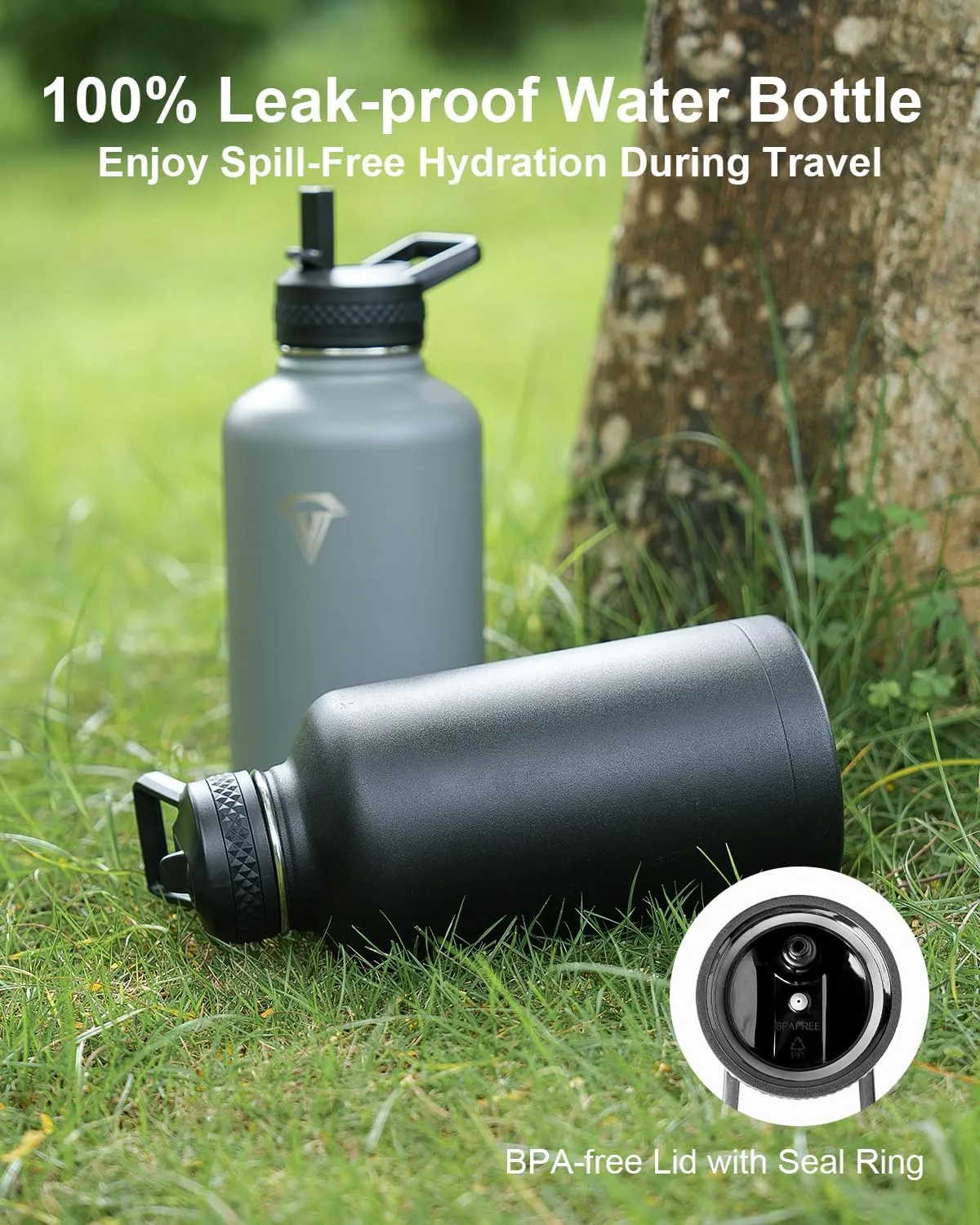 64 oz Insulated Water Bottle, Half Gallon Vacuum Stainless Steel Sports Water Jug with 3 Lids & Brush, BPA-free Reusable Double Walled Mug Gym Keg for Sports Outdoor Camping, Black