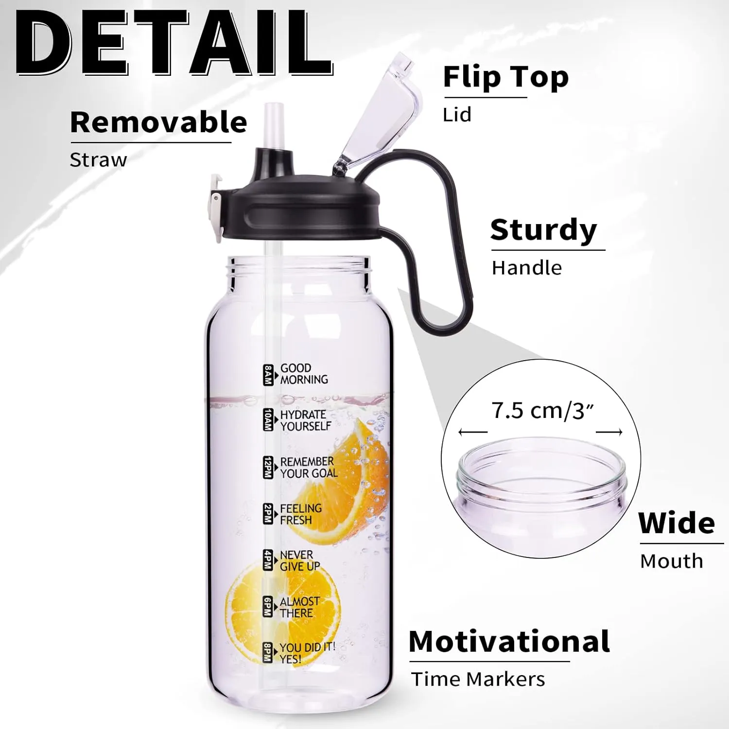 64 oz Motivational Glass Water Bottle with Straw & Time Marker Half Gallon Large Reusable Water Jug BPA-free Borosilicate Drinking Bottle with Flip Top & Sleeve for Infused Water Wide Mouth