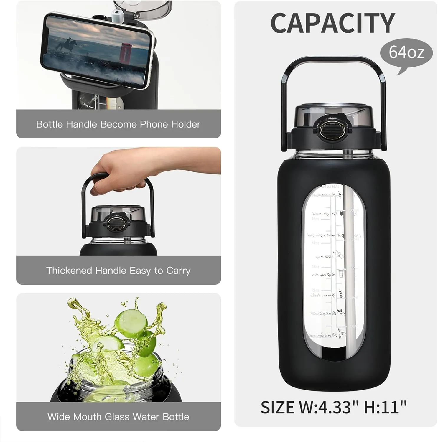 64oz Glass Water Bolttles with Straw Half Gallon Large Motivational Water Bottle with Time Marker Sports Water Bottles with Silicone Sleeve and Handle Lid Water Jug for Gym Workout