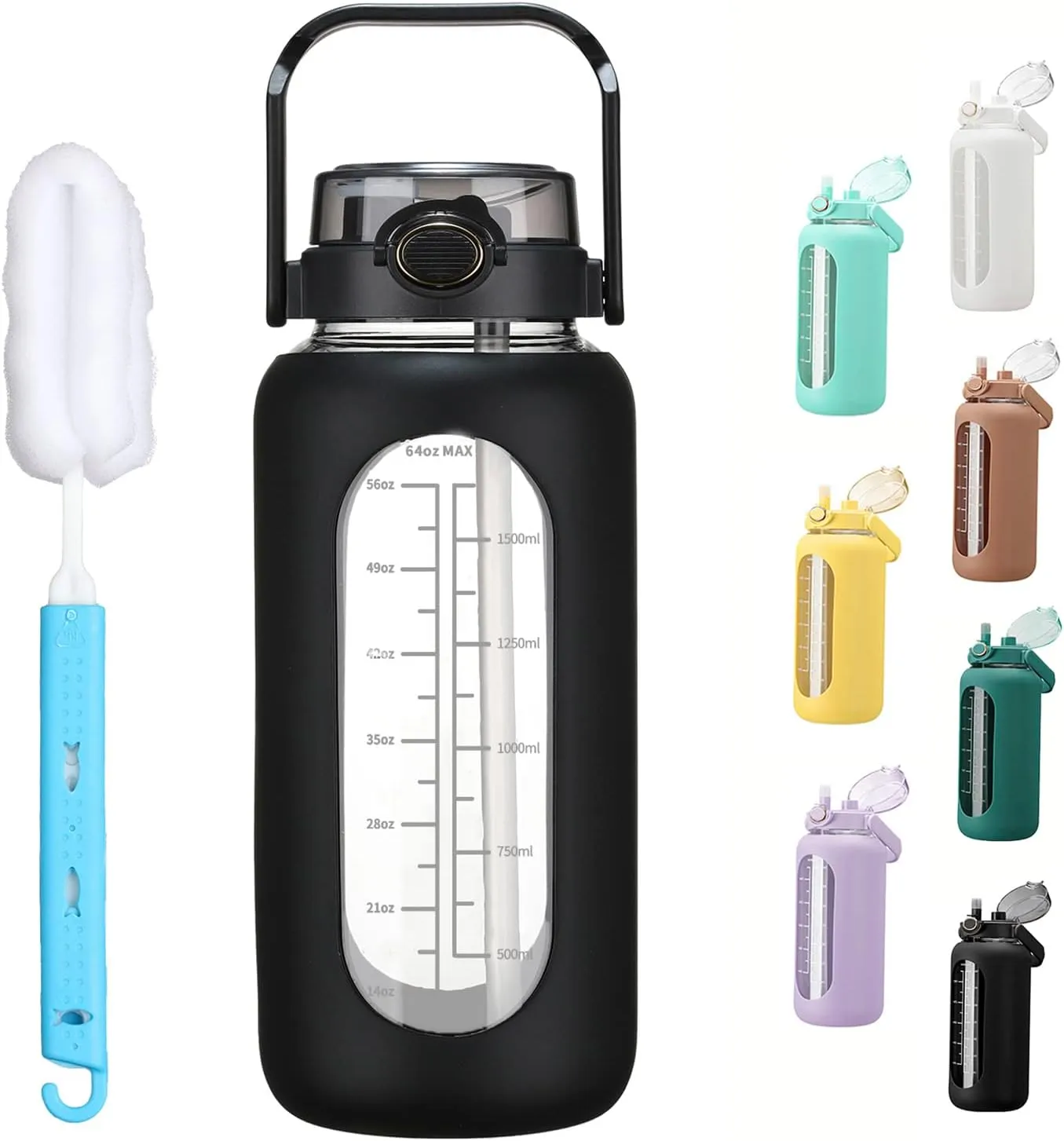 64oz Glass Water Bolttles with Straw Half Gallon Large Motivational Water Bottle with Time Marker Sports Water Bottles with Silicone Sleeve and Handle Lid Water Jug for Gym Workout