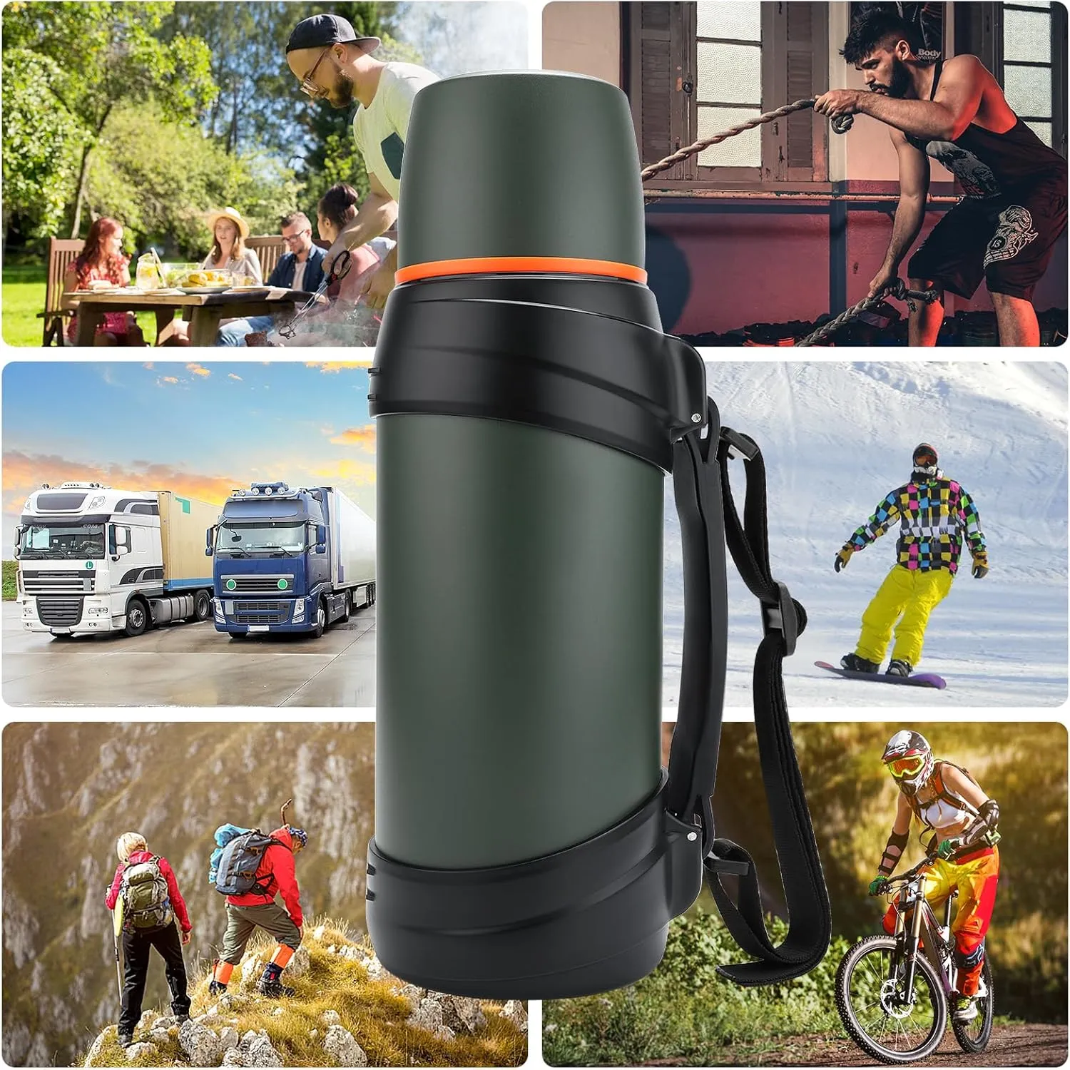 64oz/Half Gallon Large Coffee Thermoses for Travel - Insulated Water Jug Classic Vacuum Bottle with Plastic Cup - 2.0L Stainless Steel Vacuum Insulated Beverage Bottle for Hiking Fishing（Green）