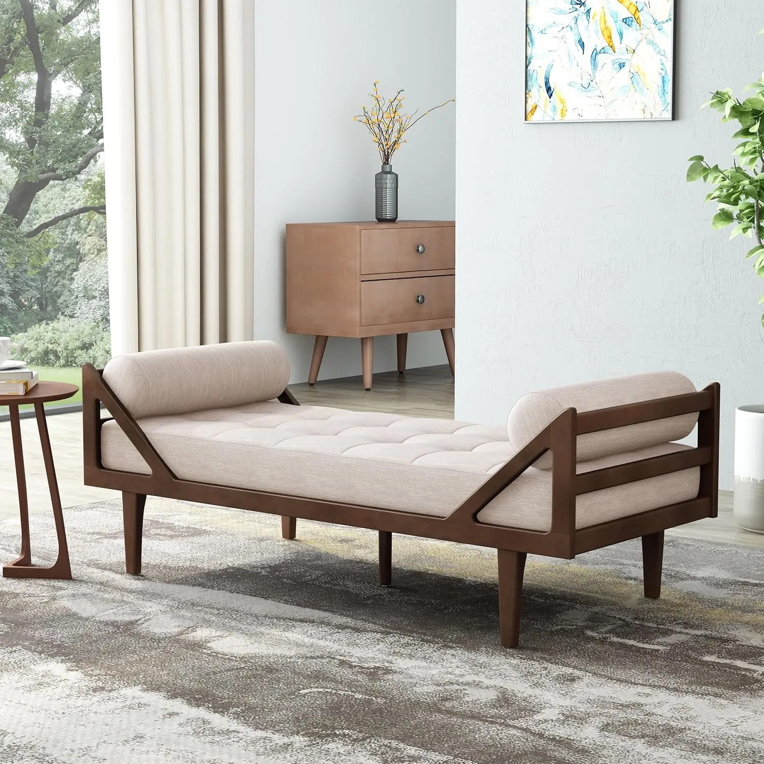 65'' Modern Mid-Century Chaise Lounge Indoor,Upholstered Longue Chair Chaise Longue with Support Double Pillow,Button Tufted Seat Cushion,Sleeper Sofa Recliner for Bedroom Living Room (Beige)