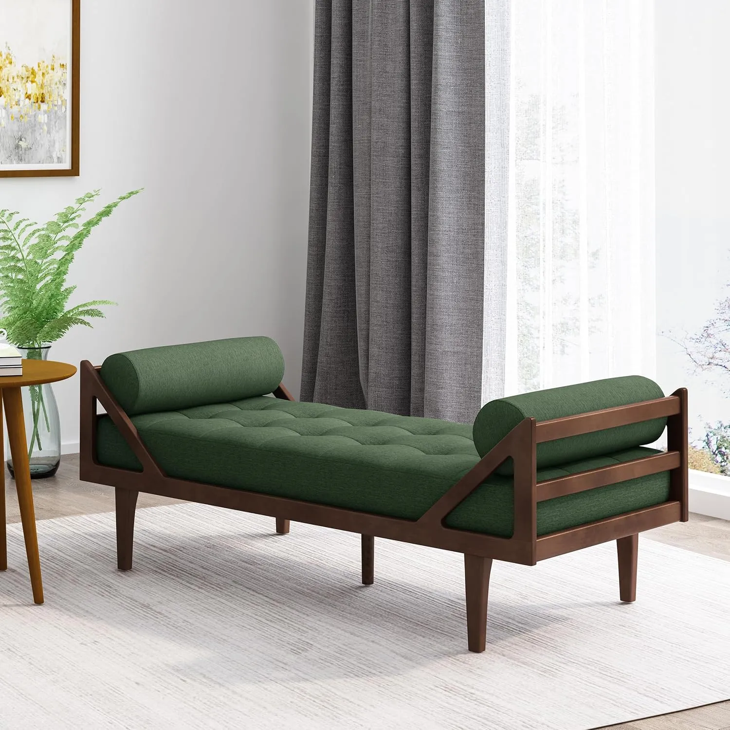 65'' Modern Mid-Century Chaise Lounge Indoor,Upholstered Longue Chair Chaise Longue with Support Double Pillow,Button Tufted Seat Cushion,Sleeper Sofa Recliner for Bedroom Living Room (Blackish Green)