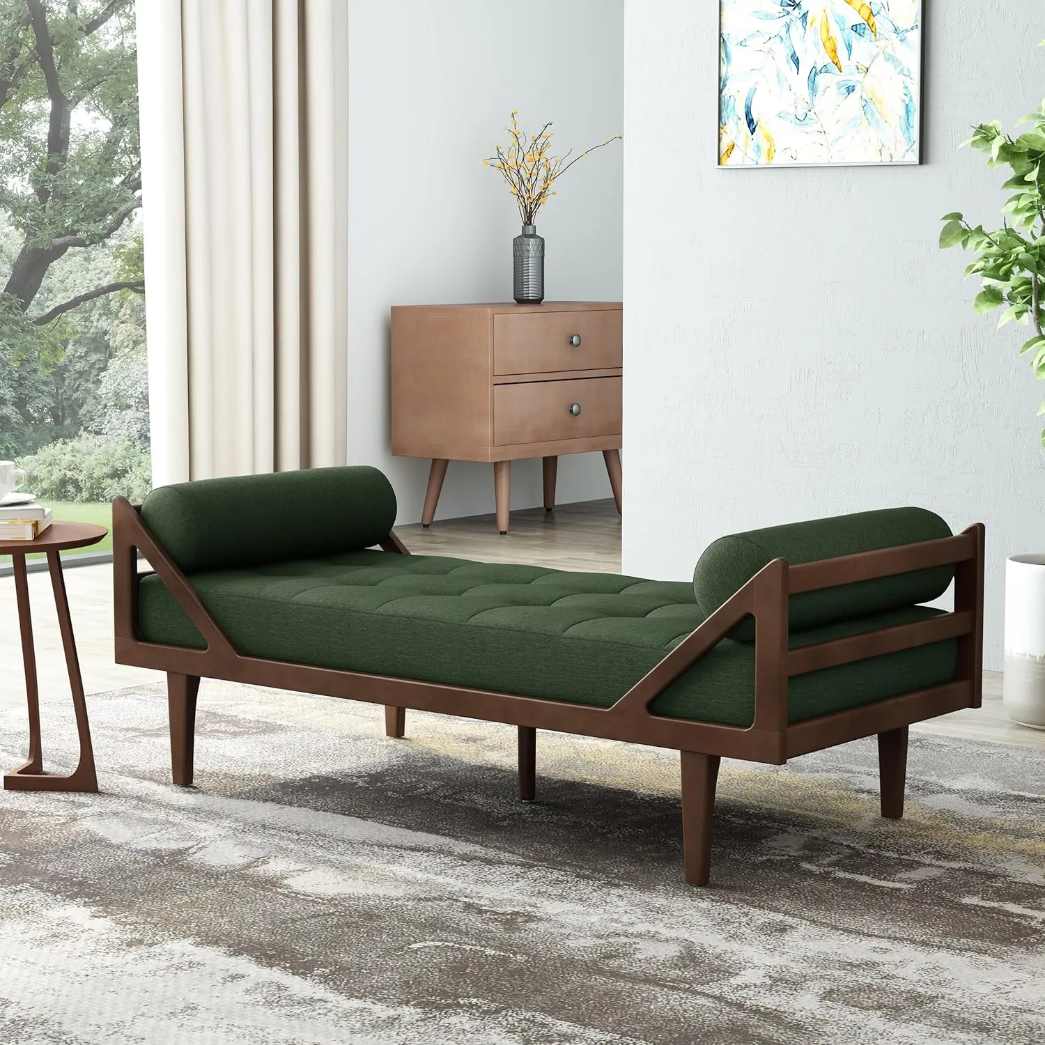 65'' Modern Mid-Century Chaise Lounge Indoor,Upholstered Longue Chair Chaise Longue with Support Double Pillow,Button Tufted Seat Cushion,Sleeper Sofa Recliner for Bedroom Living Room (Blackish Green)
