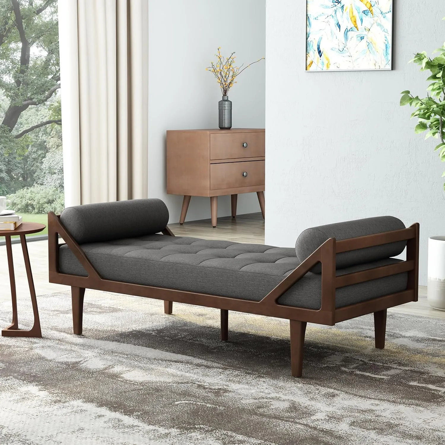 65'' Modern Mid-Century Chaise Lounge Indoor,Upholstered Longue Chair Chaise Longue with Support Double Pillow,Button Tufted Seat Cushion,Sleeper Sofa Recliner for Bedroom Living Room (Charcoal)