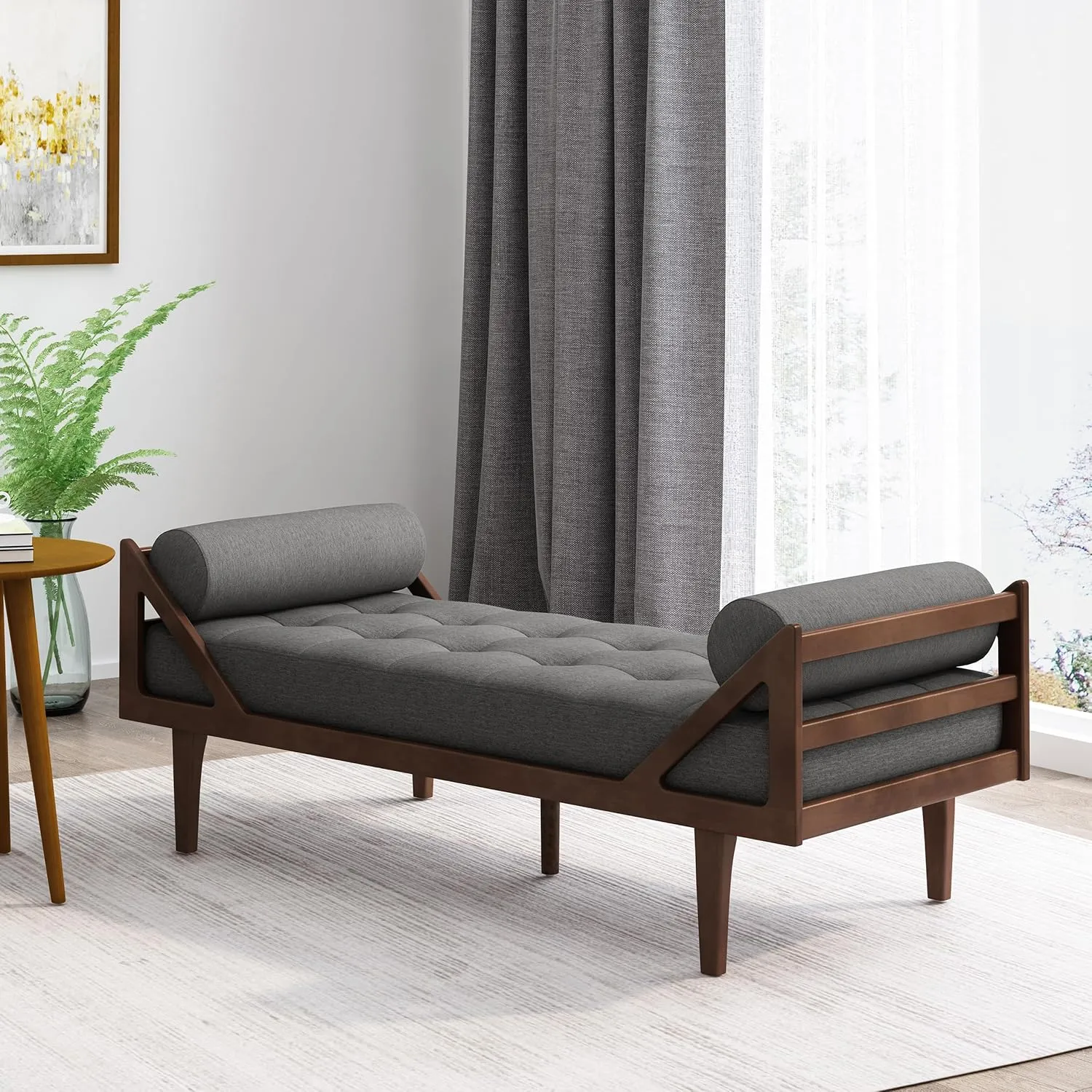 65'' Modern Mid-Century Chaise Lounge Indoor,Upholstered Longue Chair Chaise Longue with Support Double Pillow,Button Tufted Seat Cushion,Sleeper Sofa Recliner for Bedroom Living Room (Charcoal)