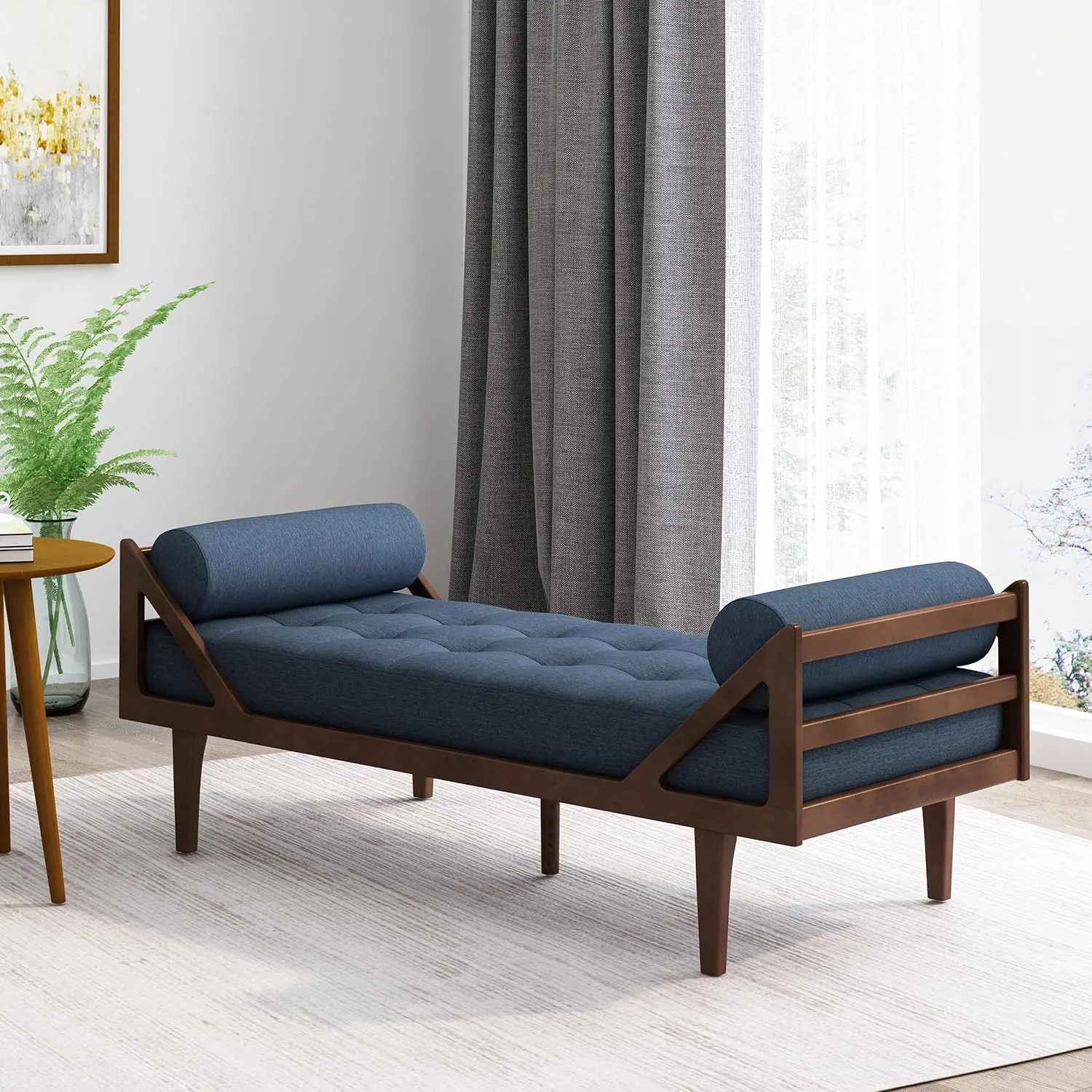 65'' Modern Mid-Century Chaise Lounge Indoor,Upholstered Longue Chair Chaise Longue with Support Double Pillow,Button Tufted Seat Cushion,Sleeper Sofa Recliner for Bedroom Living Room (Navy Blue)