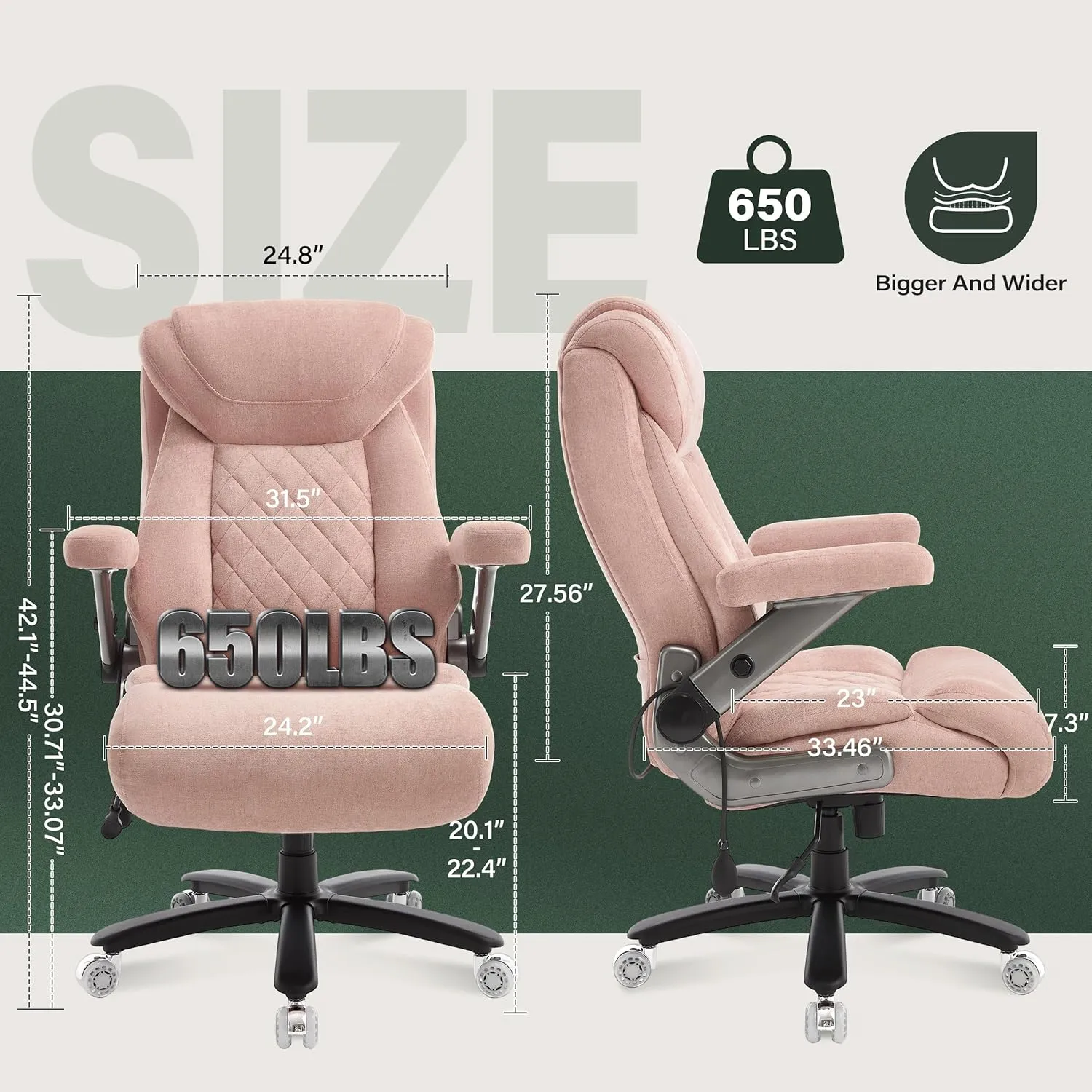 650lbs Big and Tall Office Chair with Thick Spring Cushion,5D Flip Arm Ergonomic Executive Office Chair Adjustable Lumbar Airbag&Extra Wide,Comfy Large Padded Heavy Duty Game Chair,Pinkcloth