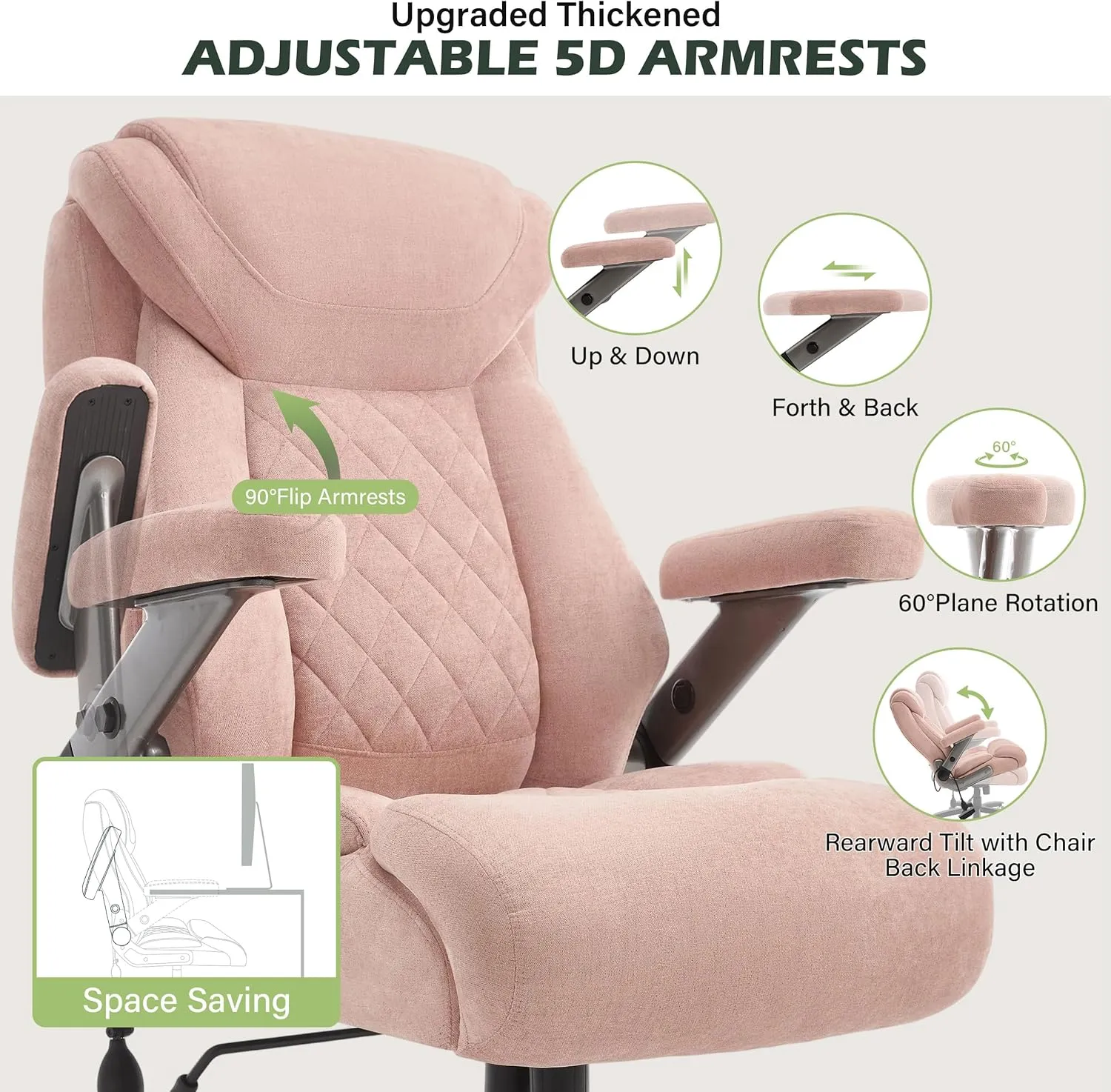 650lbs Big and Tall Office Chair with Thick Spring Cushion,5D Flip Arm Ergonomic Executive Office Chair Adjustable Lumbar Airbag&Extra Wide,Comfy Large Padded Heavy Duty Game Chair,Pinkcloth