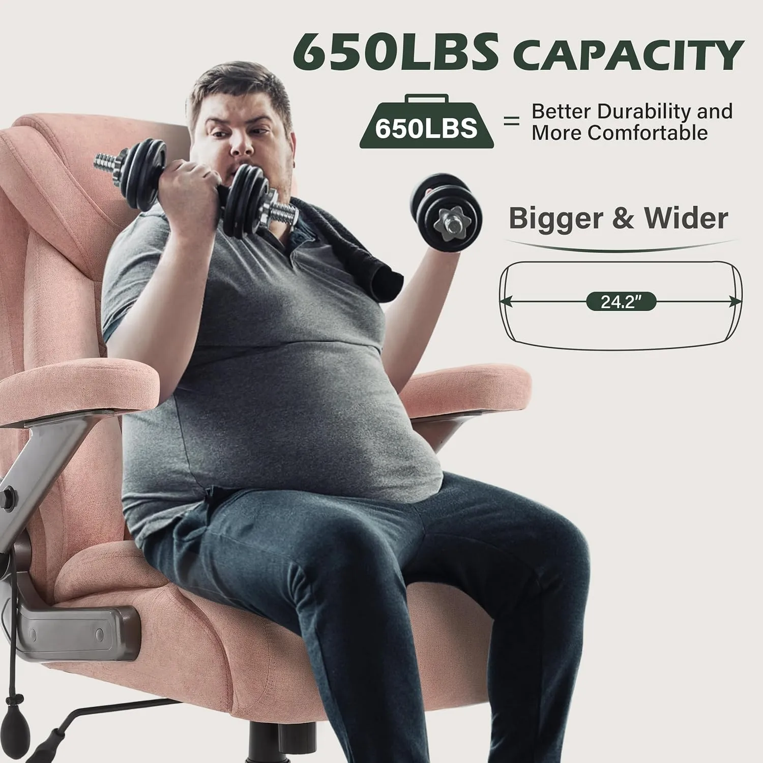 650lbs Big and Tall Office Chair with Thick Spring Cushion,5D Flip Arm Ergonomic Executive Office Chair Adjustable Lumbar Airbag&Extra Wide,Comfy Large Padded Heavy Duty Game Chair,Pinkcloth