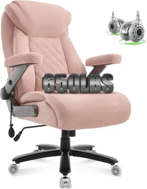 650lbs Big and Tall Office Chair with Thick Spring Cushion,5D Flip Arm Ergonomic Executive Office Chair Adjustable Lumbar Airbag&Extra Wide,Comfy Large Padded Heavy Duty Game Chair,Pinkcloth