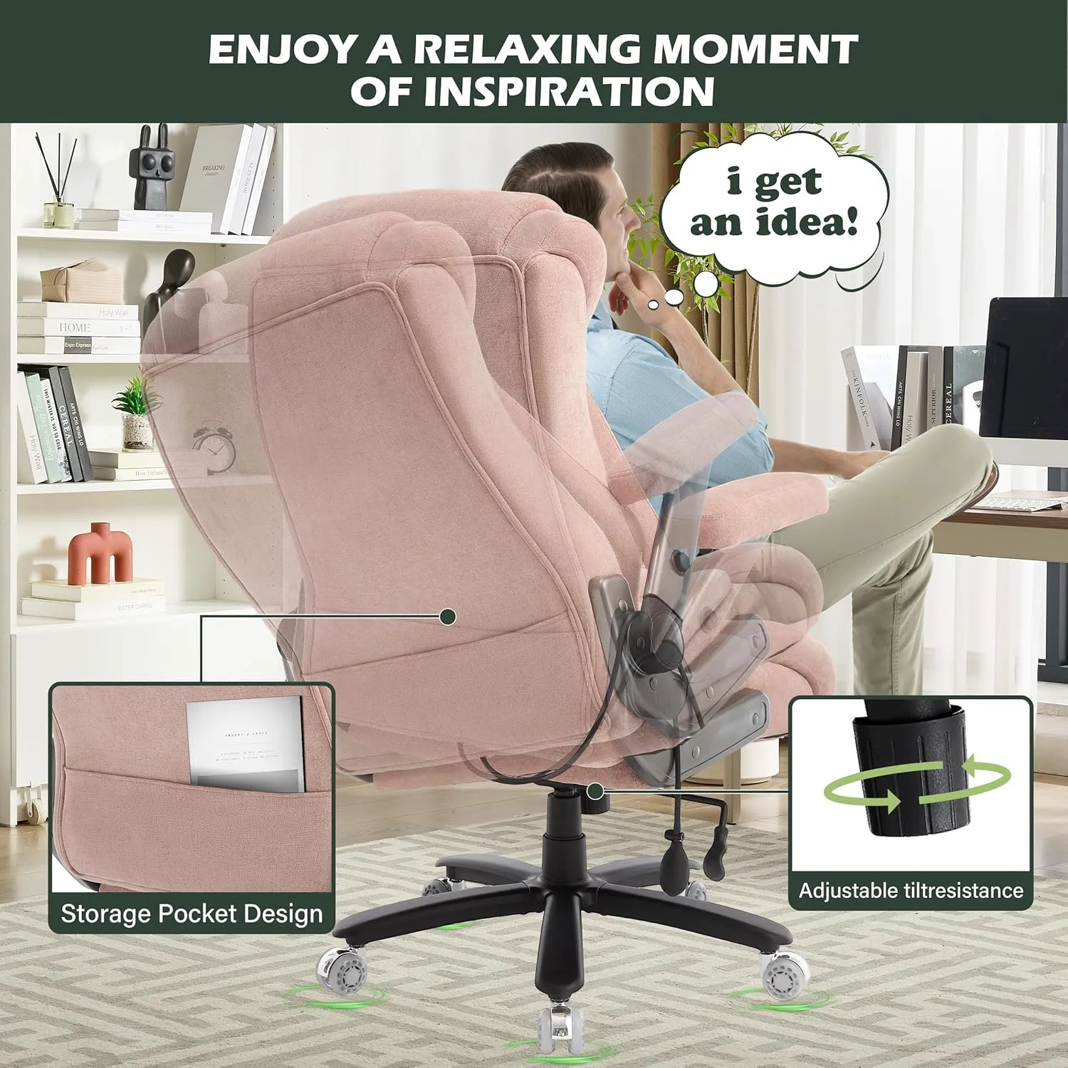 650lbs Big and Tall Office Chair with Thick Spring Cushion,5D Flip Arm Ergonomic Executive Office Chair Adjustable Lumbar Airbag&Extra Wide,Comfy Large Padded Heavy Duty Game Chair,Pinkcloth