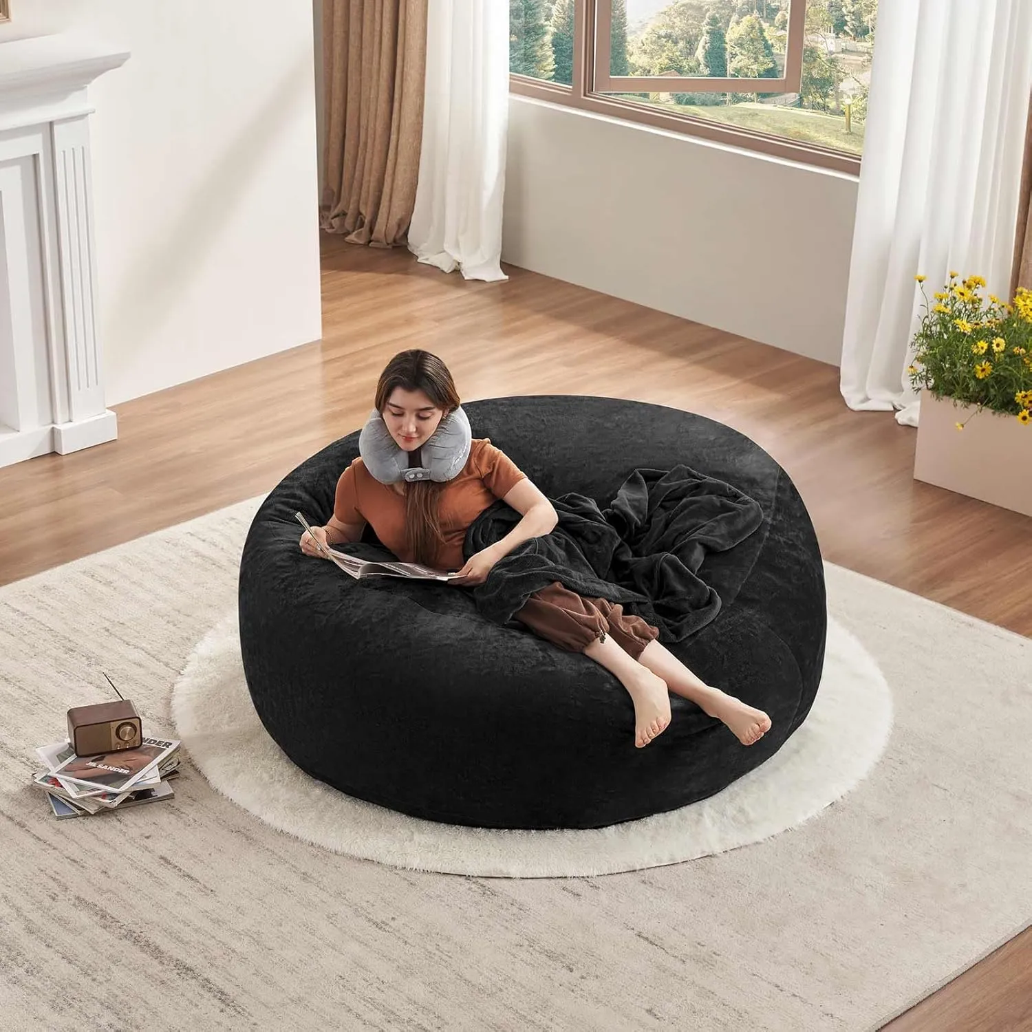 6FT，Big Bean Bag Chairs for Adults，Bean Bag Chair with Filler，Memory Foam Chair，Removable and Washable Flannel Cover, Giant Bean Bag, Suitable for Living Room, Bedroom and Reading(Black)