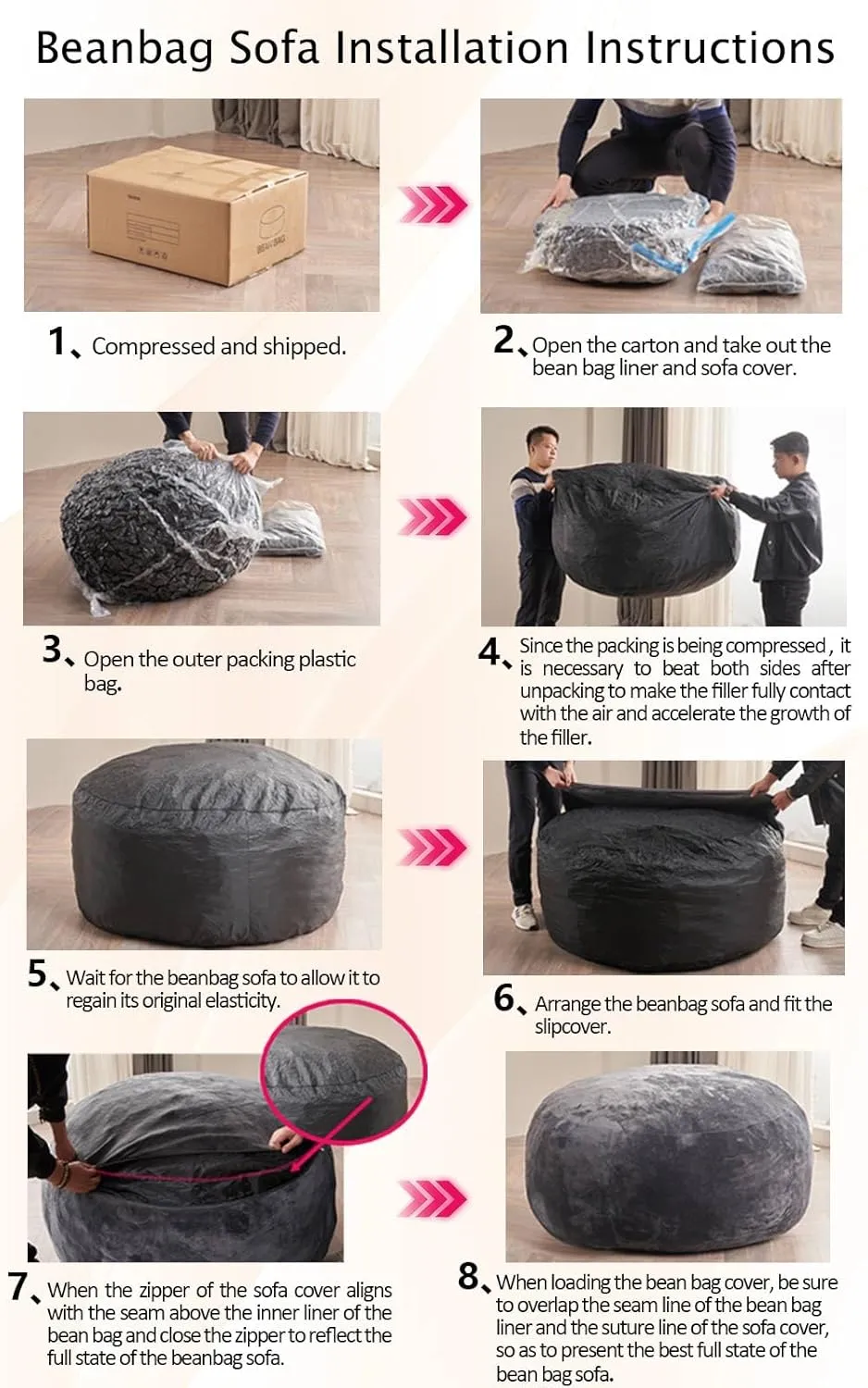 6FT，Big Bean Bag Chairs for Adults，Bean Bag Chair with Filler，Memory Foam Chair，Removable and Washable Flannel Cover, Giant Bean Bag, Suitable for Living Room, Bedroom and Reading(Black)