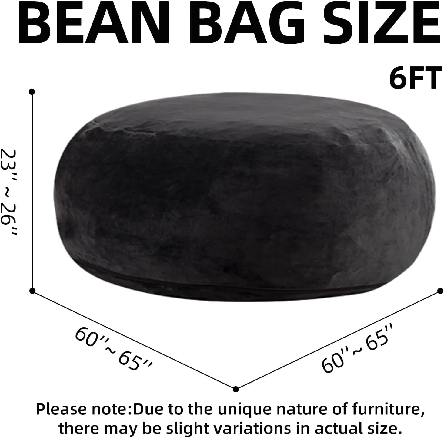 6FT，Big Bean Bag Chairs for Adults，Bean Bag Chair with Filler，Memory Foam Chair，Removable and Washable Flannel Cover, Giant Bean Bag, Suitable for Living Room, Bedroom and Reading(Black)