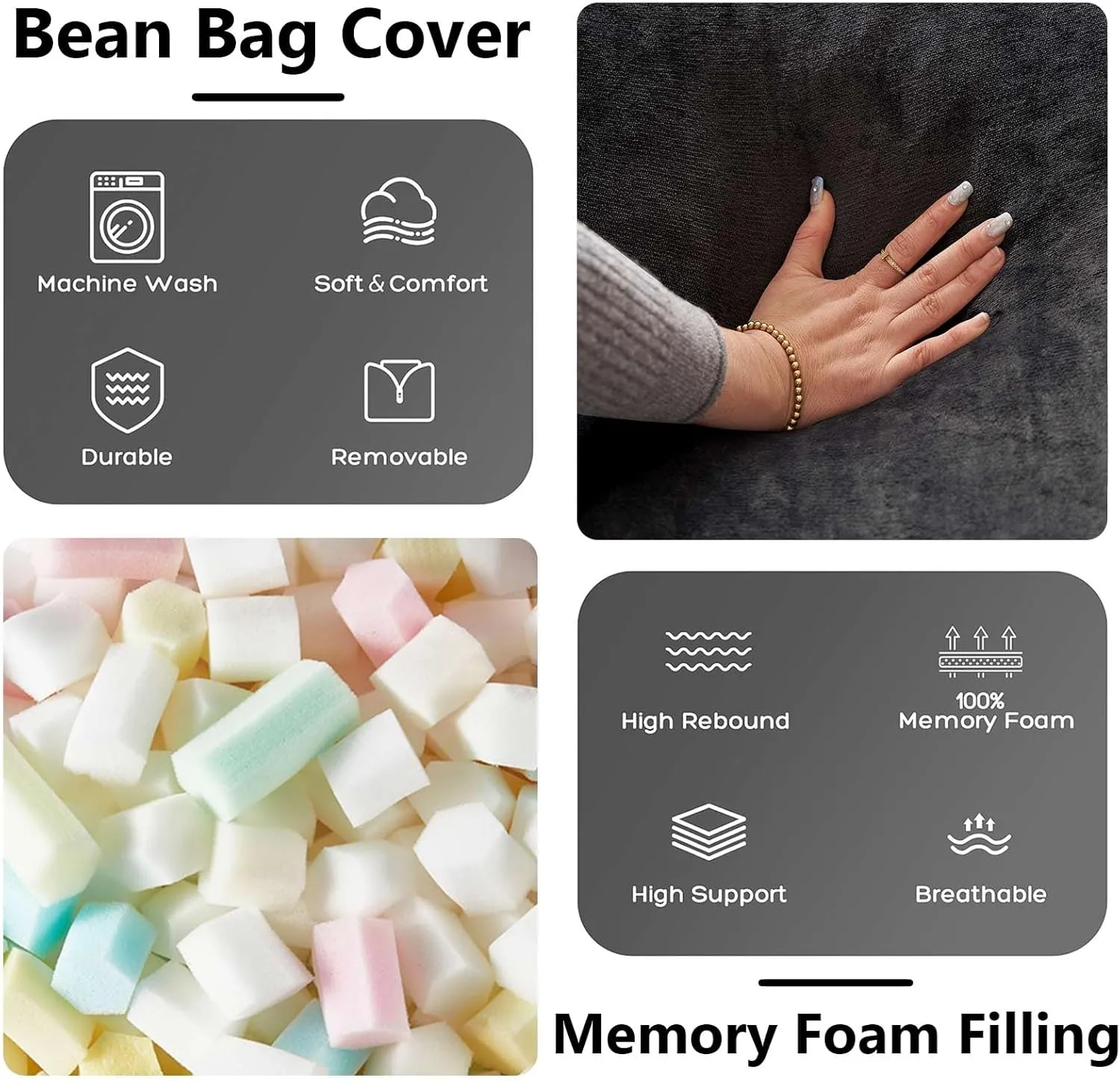 6FT，Big Bean Bag Chairs for Adults，Bean Bag Chair with Filler，Memory Foam Chair，Removable and Washable Flannel Cover, Giant Bean Bag, Suitable for Living Room, Bedroom and Reading(Black)