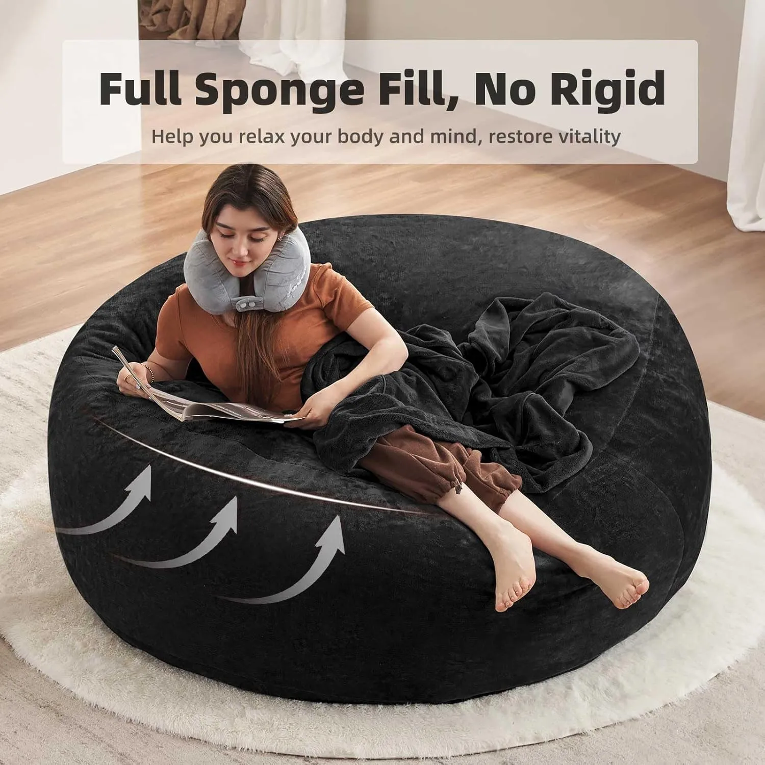 6FT，Big Bean Bag Chairs for Adults，Bean Bag Chair with Filler，Memory Foam Chair，Removable and Washable Flannel Cover, Giant Bean Bag, Suitable for Living Room, Bedroom and Reading(Black)