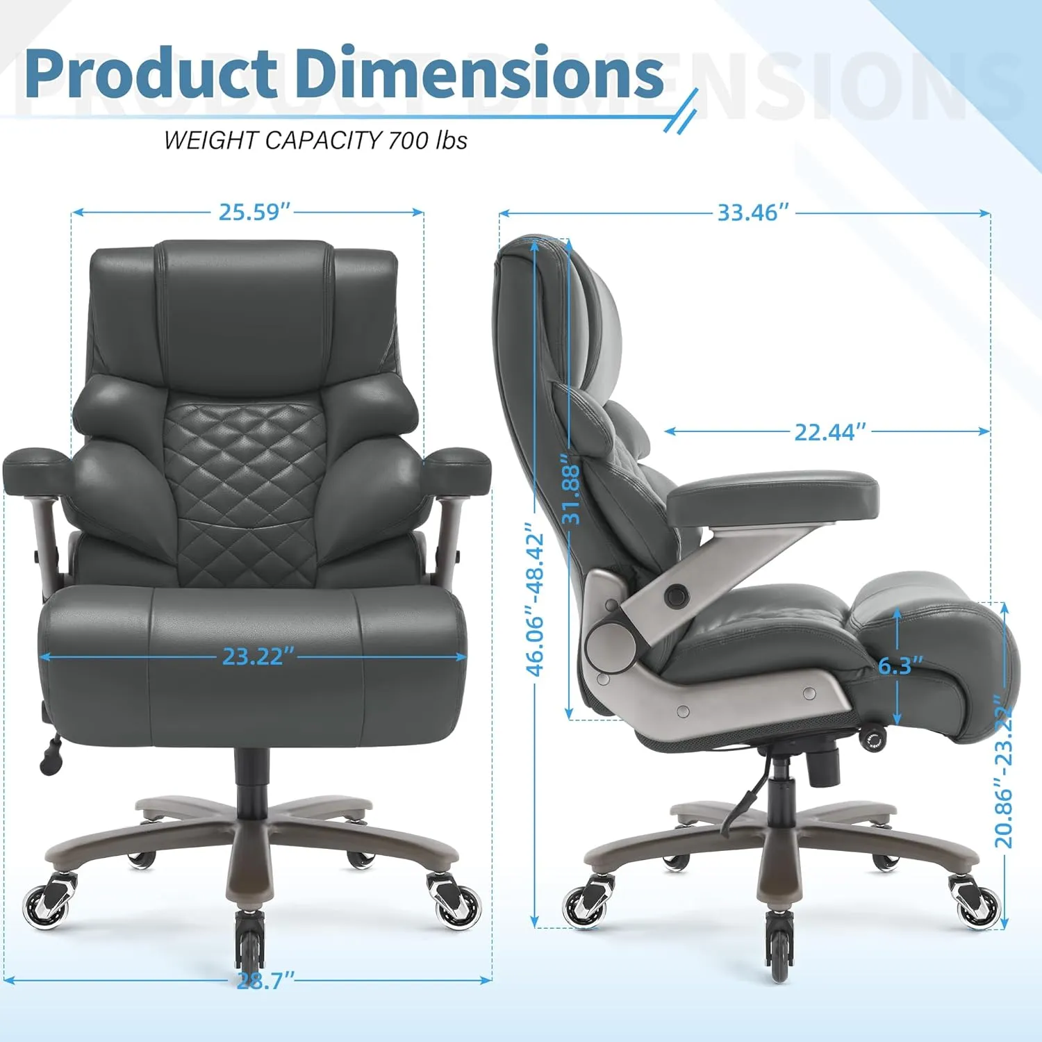 700lbs Big and Tall Office Chair-Large Computer Chair with Adjustable Lumbar Support 3D Flip Arms Plus Size Wheels, High Back Executive Desk Chair, Heavy Duty Metal Base, Thick Padded Wide Seat