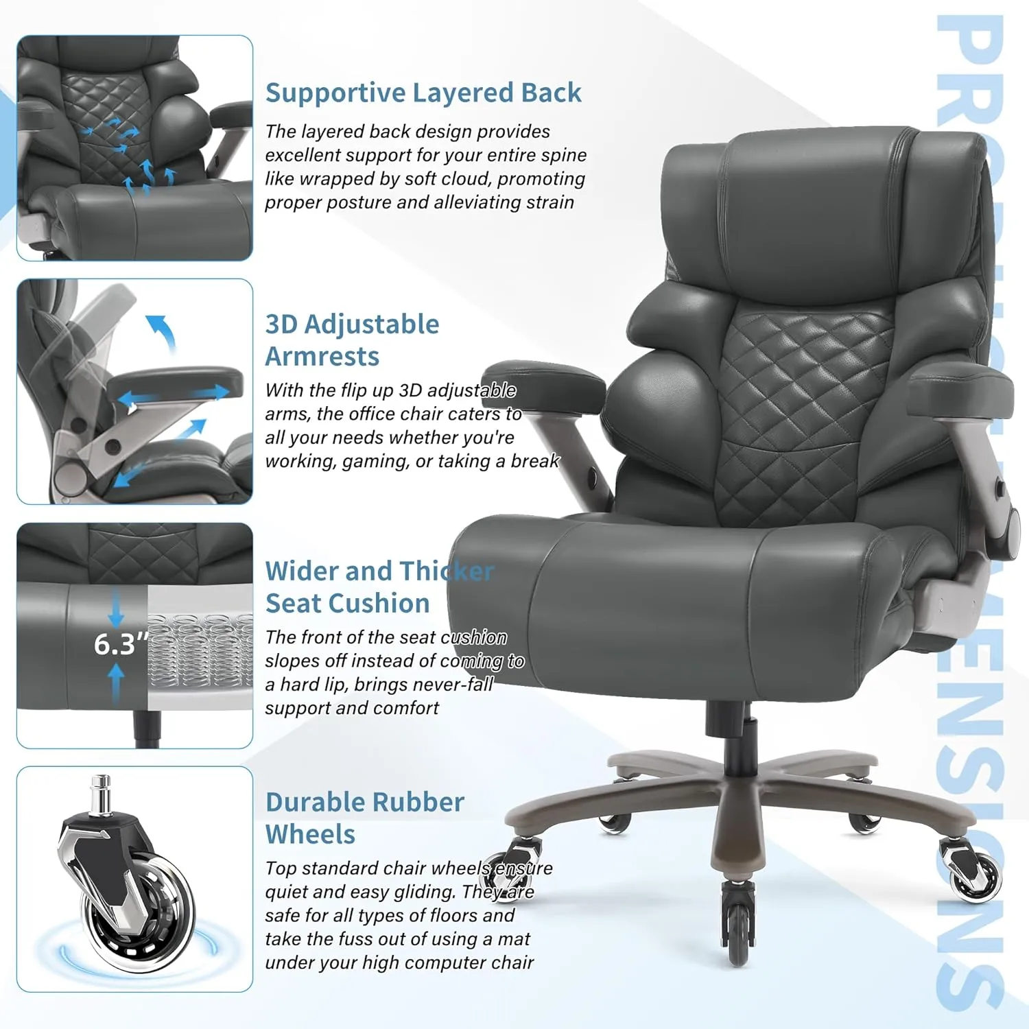 700lbs Big and Tall Office Chair-Large Computer Chair with Adjustable Lumbar Support 3D Flip Arms Plus Size Wheels, High Back Executive Desk Chair, Heavy Duty Metal Base, Thick Padded Wide Seat