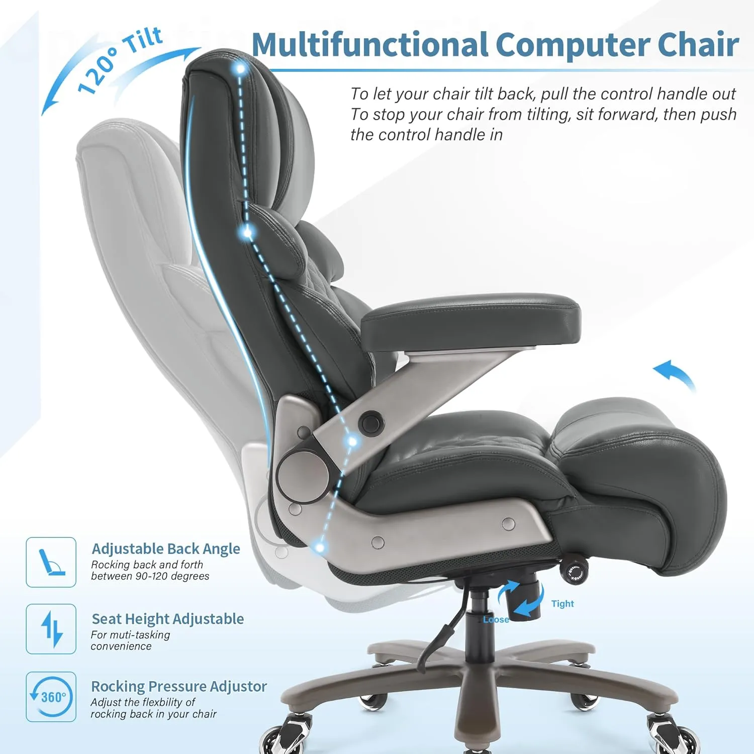 700lbs Big and Tall Office Chair-Large Computer Chair with Adjustable Lumbar Support 3D Flip Arms Plus Size Wheels, High Back Executive Desk Chair, Heavy Duty Metal Base, Thick Padded Wide Seat