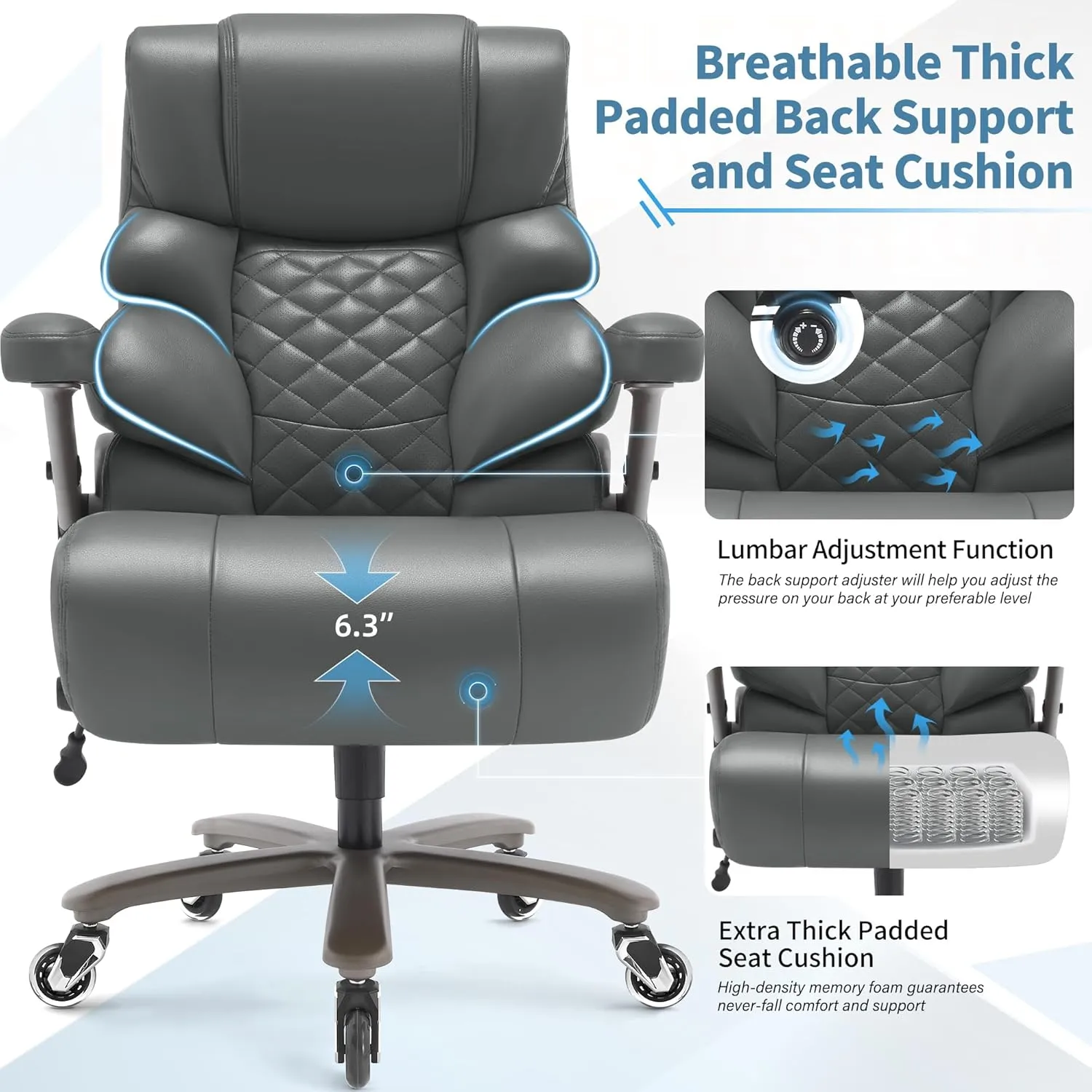 700lbs Big and Tall Office Chair-Large Computer Chair with Adjustable Lumbar Support 3D Flip Arms Plus Size Wheels, High Back Executive Desk Chair, Heavy Duty Metal Base, Thick Padded Wide Seat