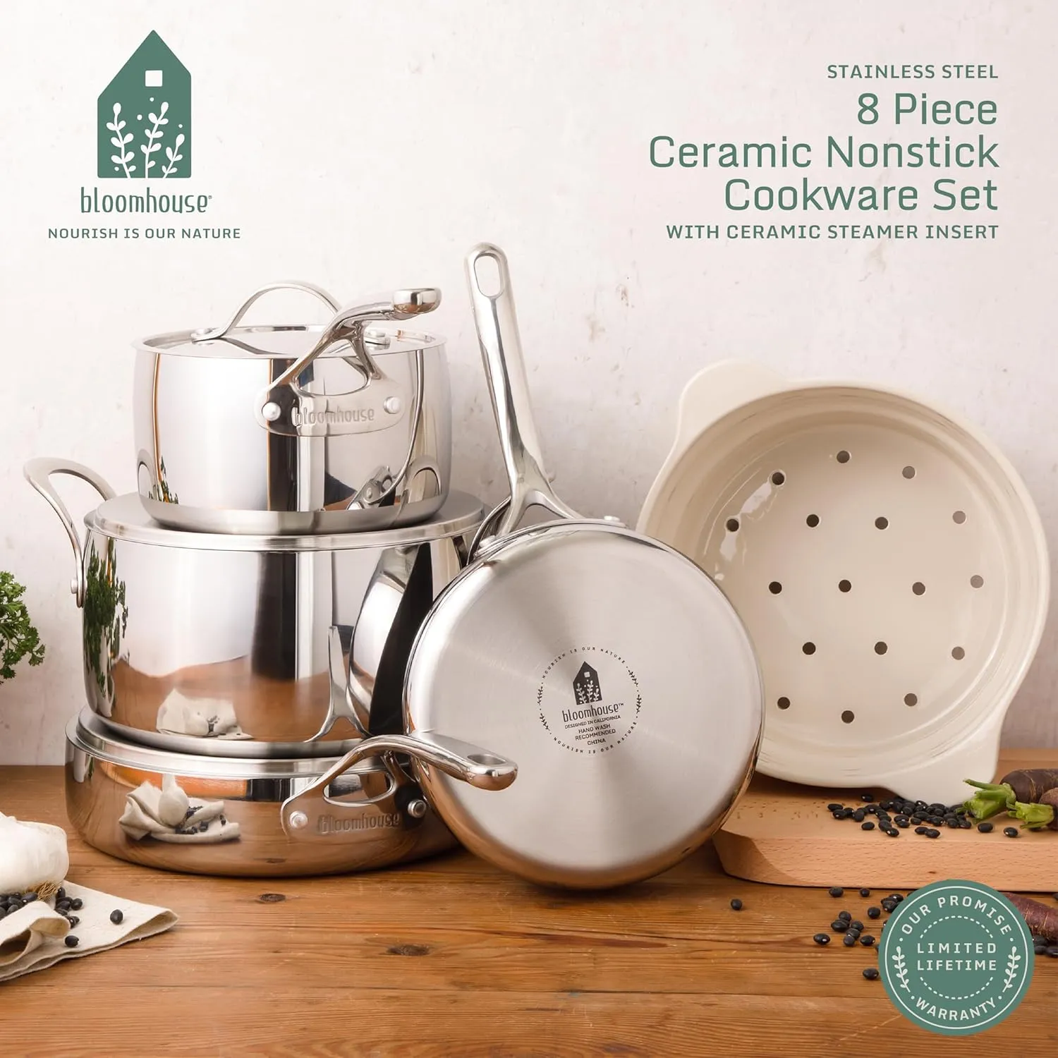 8 Piece Triply Stainless Steel Pots and Pans Cookware Set W/Grey Non Toxic Pro Ceramic Non Stick Interior