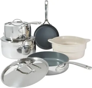 8 Piece Triply Stainless Steel Pots and Pans Cookware Set W/Grey Non Toxic Pro Ceramic Non Stick Interior