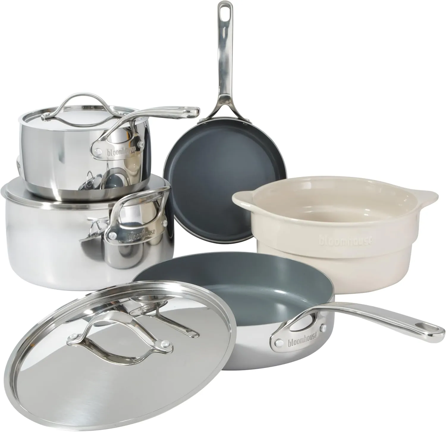 8 Piece Triply Stainless Steel Pots and Pans Cookware Set W/Grey Non Toxic Pro Ceramic Non Stick Interior
