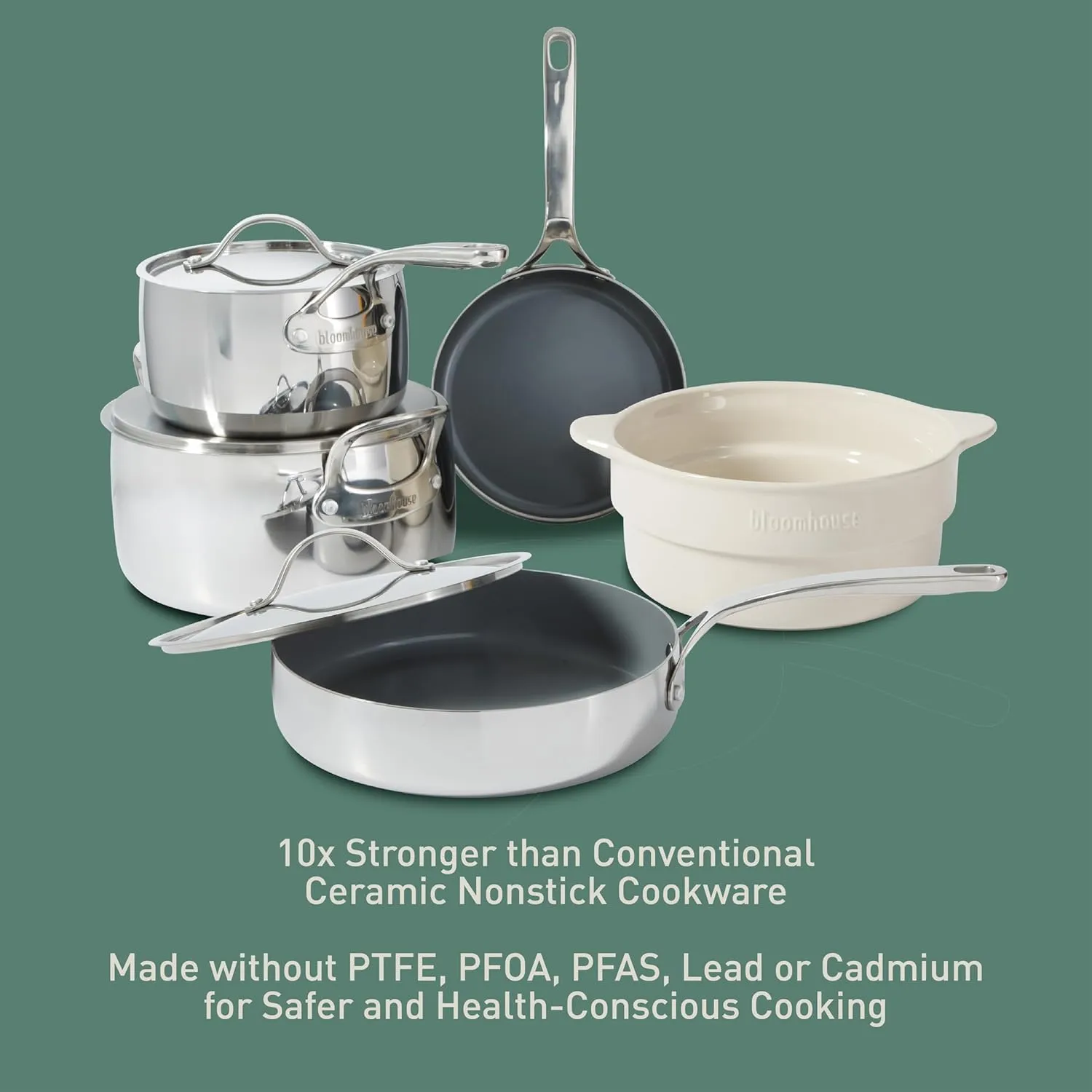 8 Piece Triply Stainless Steel Pots and Pans Cookware Set W/Grey Non Toxic Pro Ceramic Non Stick Interior
