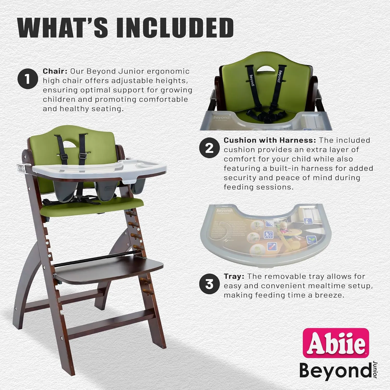 Abiie Beyond Junior Wooden High Chair with Tray - Adjustable and Convertible High Chair for Babies and Toddlers - 6 Months to 250 Lb - Water Resistant - Mahogany Wood with Olive Cushion