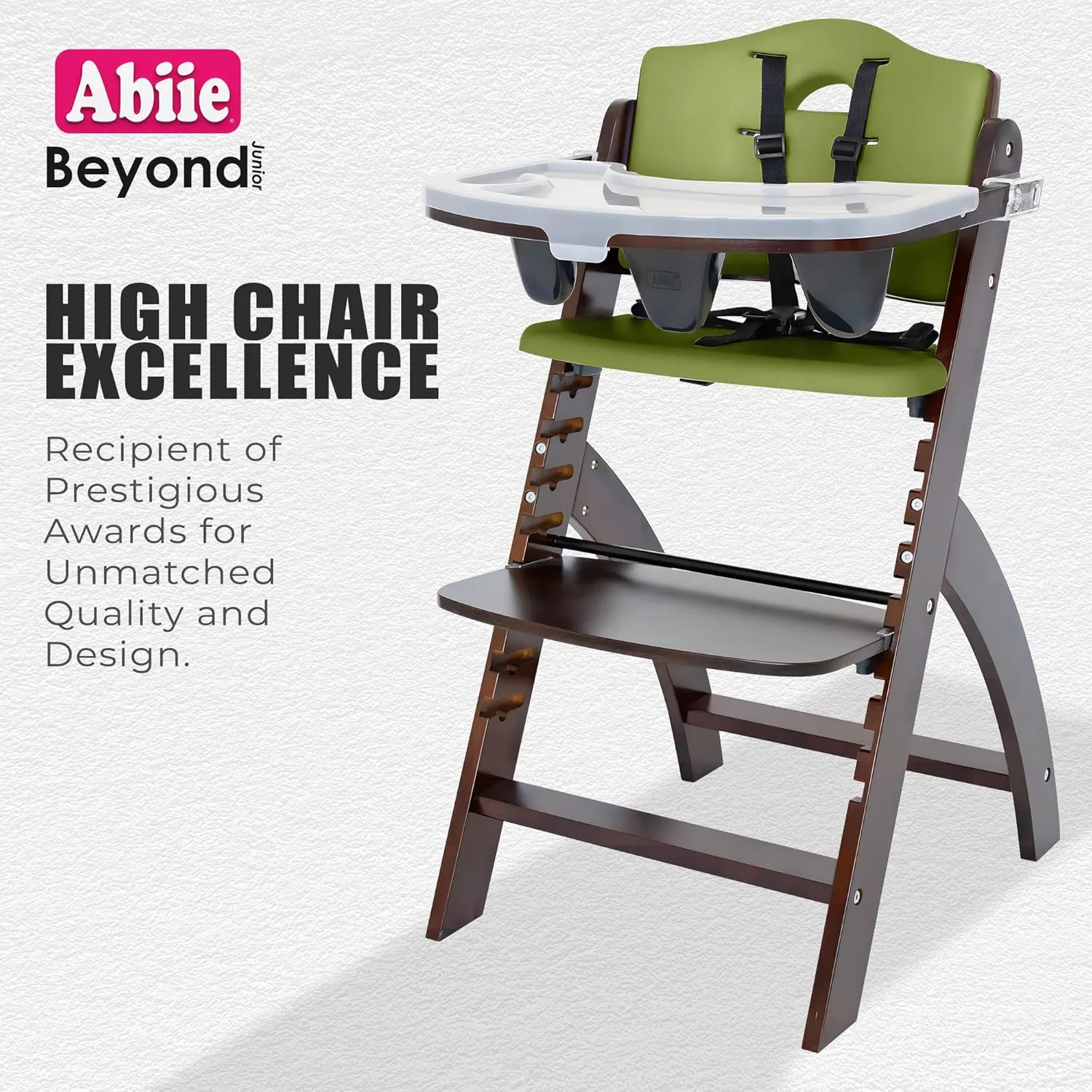 Abiie Beyond Junior Wooden High Chair with Tray - Adjustable and Convertible High Chair for Babies and Toddlers - 6 Months to 250 Lb - Water Resistant - Mahogany Wood with Olive Cushion