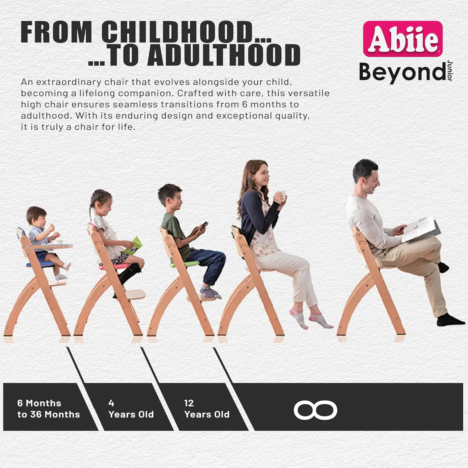 Abiie Beyond Junior Wooden High Chair with Tray - Adjustable and Convertible High Chair for Babies and Toddlers - 6 Months to 250 Lb - Water Resistant - Mahogany Wood with Olive Cushion