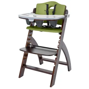 Abiie Beyond Junior Wooden High Chair with Tray - Adjustable and Convertible High Chair for Babies and Toddlers - 6 Months to 250 Lb - Water Resistant - Mahogany Wood with Olive Cushion