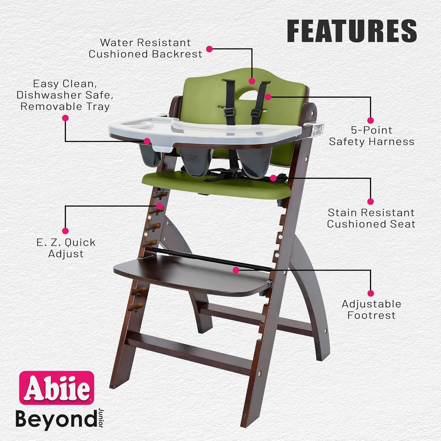 Abiie Beyond Junior Wooden High Chair with Tray - Adjustable and Convertible High Chair for Babies and Toddlers - 6 Months to 250 Lb - Water Resistant - Mahogany Wood with Olive Cushion