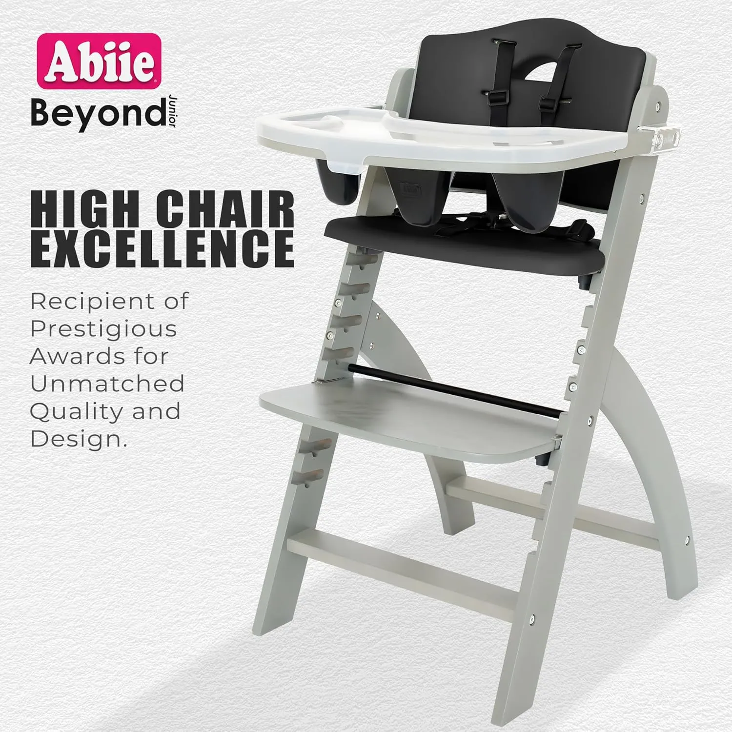 Abiie Beyond Junior Wooden High Chair with Tray - Adjustable and Convertible High Chair for Babies and Toddlers - 6 Months to 250 Lb - Water Resistant - Misty Grey Wood/Black Pearl Cushion