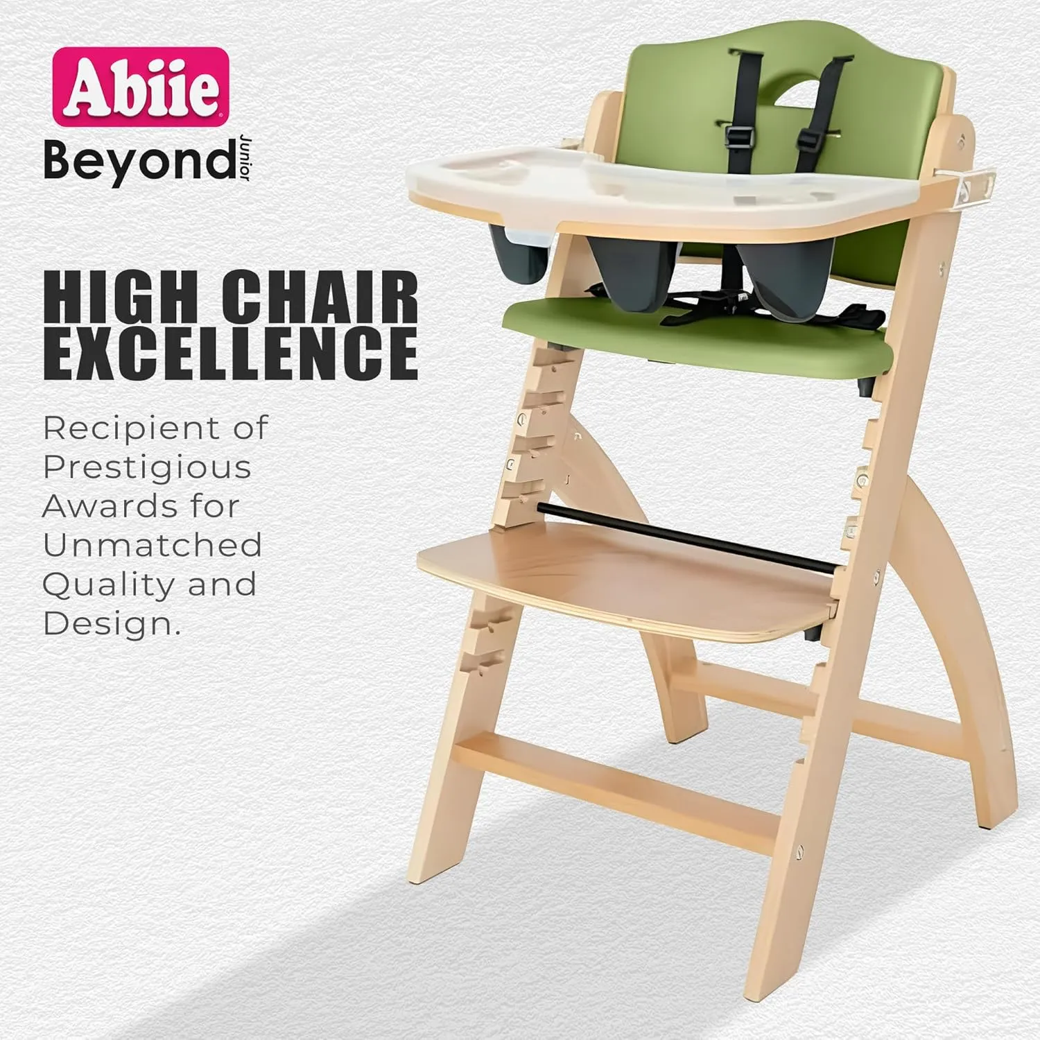 Abiie Beyond Junior Wooden High Chair with Tray - Adjustable and Convertible High Chair for Babies and Toddlers - 6 Months to 250 Lb - Water Resistant - Natural Wood/Olive Cushion