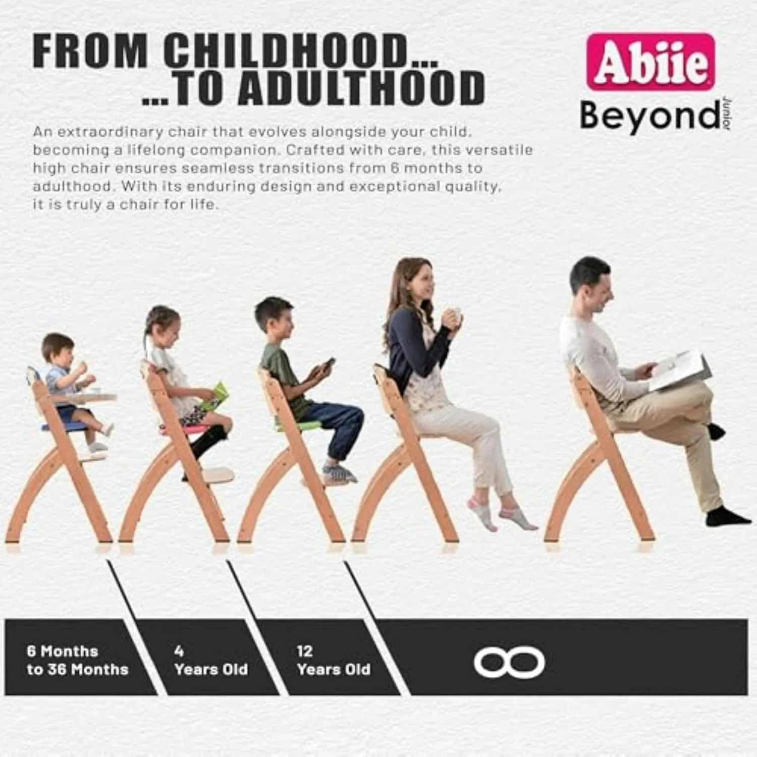 Abiie Beyond Junior Wooden High Chair with Tray - Adjustable and Convertible High Chair for Babies and Toddlers - 6 Months to 250 Lb - Water Resistant - Natural Wood/Olive Cushion