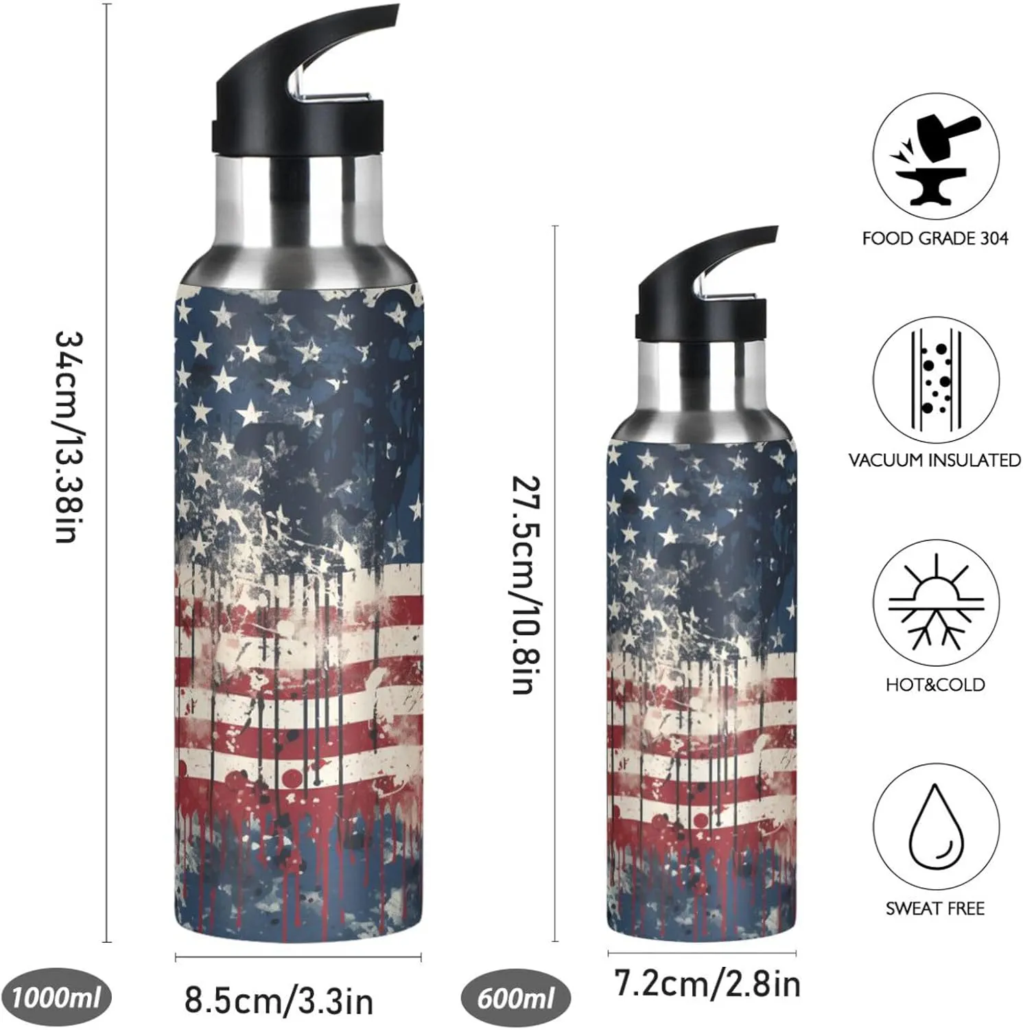 Abstract Doodle Flags Sport Water Bottle Insulated Stainless Steel Large Vacuum Flask Leak Proof Thermos with Straw for Travel(600ml/1000ml)