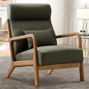Accent Chair Mid Century Modern Chair Linen Fabric Living Room Chairs with Solid Wood Frame Comfy Upholstered and Lumbar Pillow Reading Side Chair Easy Assembly for Bedroom (1, Green)